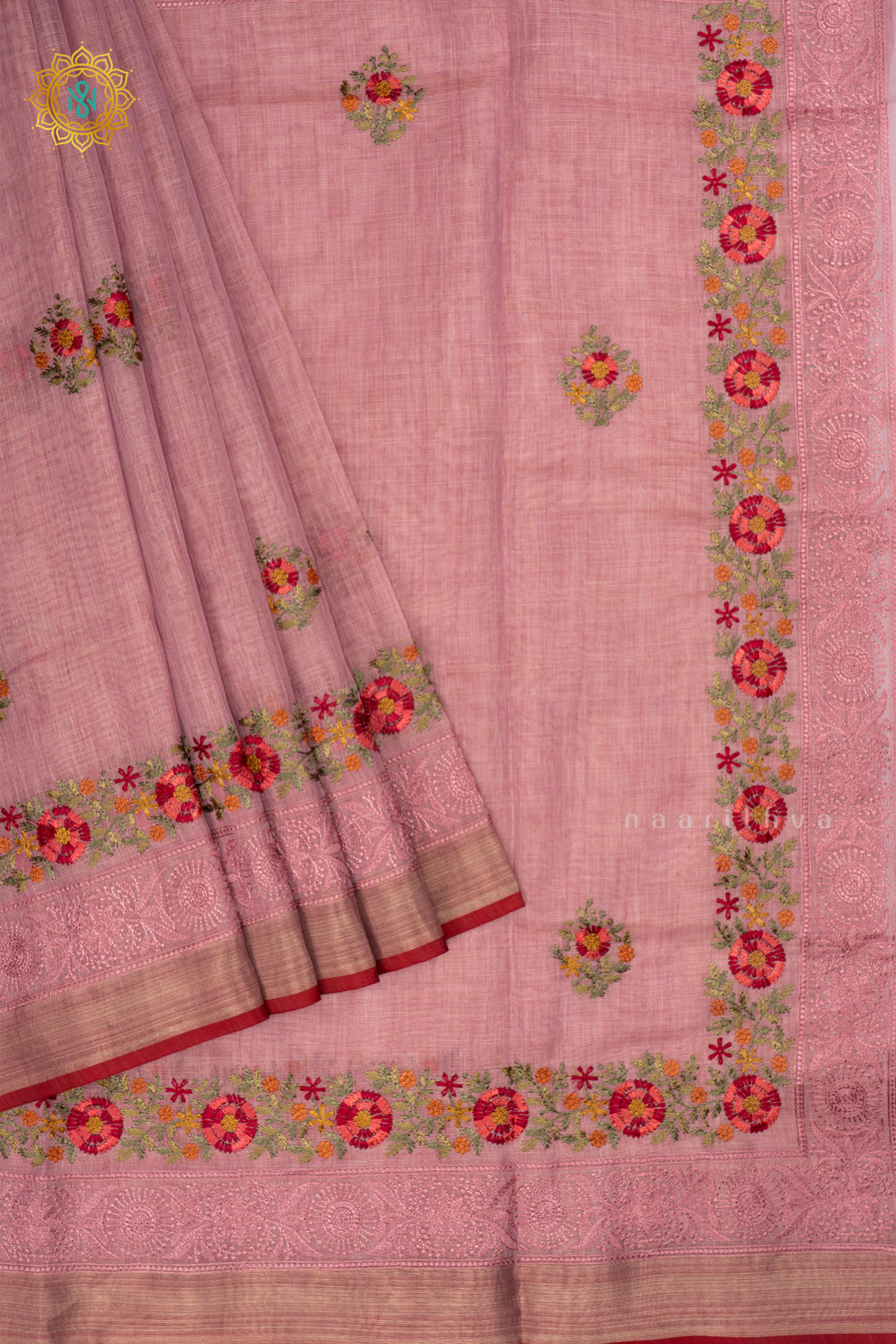 Light Pink - Linen Tissue Saree Allover Thread Work Buttas with Tissue Border