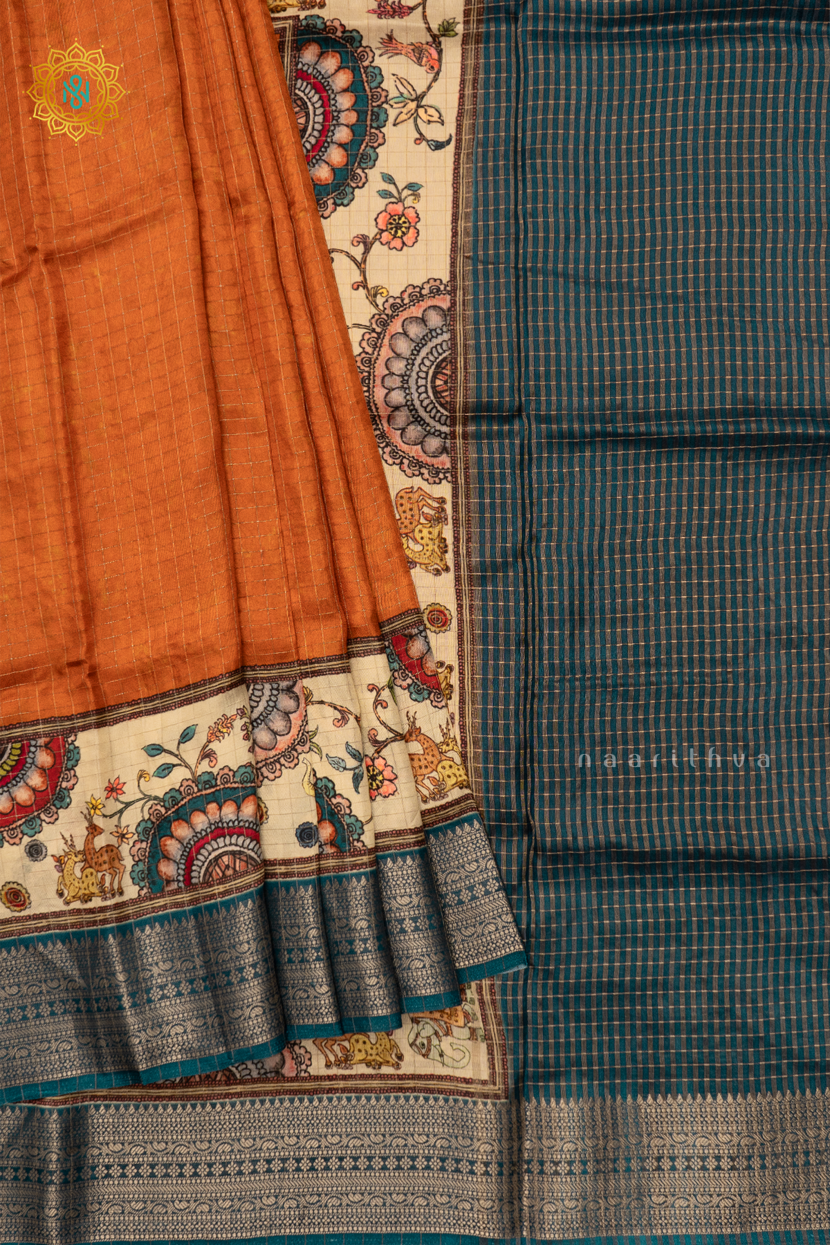 ORANGE WITH TEAL BLUE - SEMI CREPE SILK