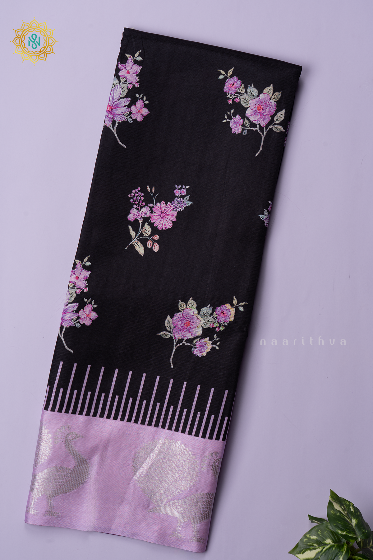 BLACK WITH PINKISH LAVENDER - SEMI CREPE SILK