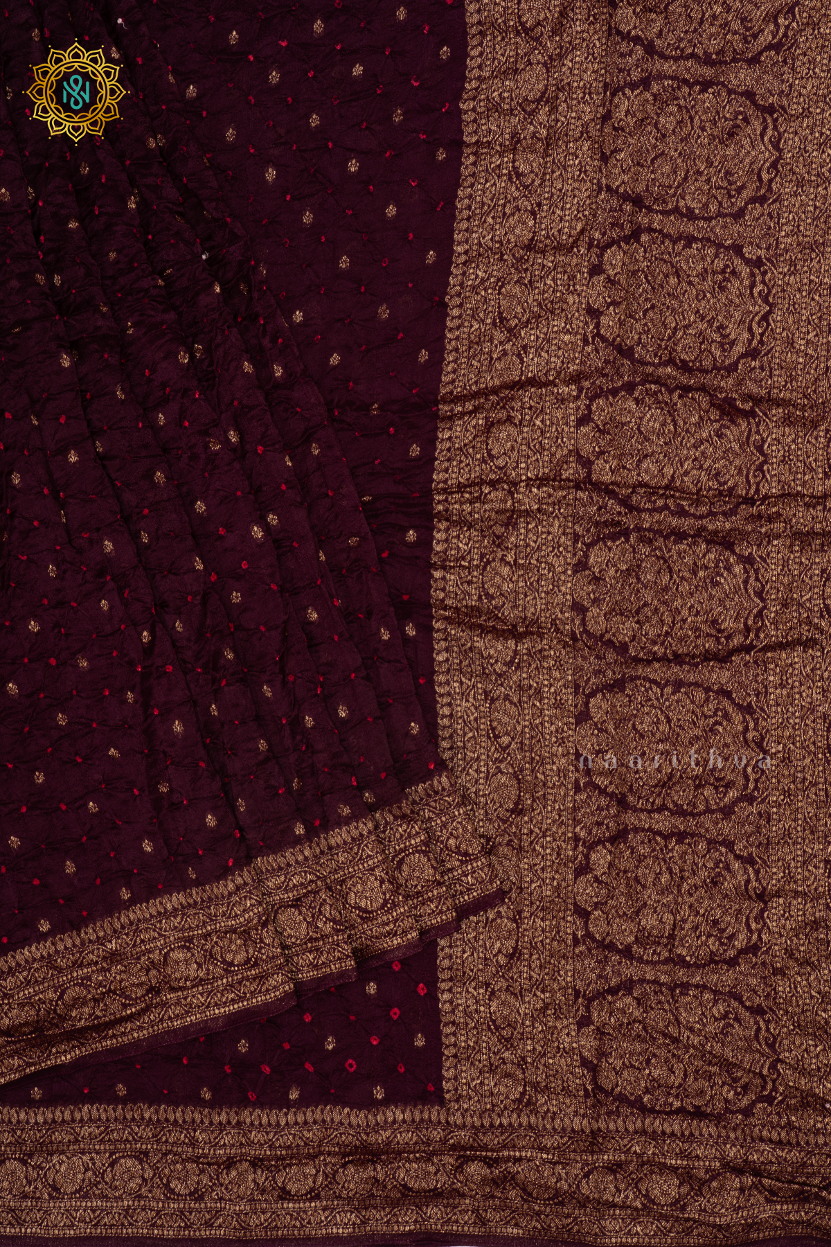 Deep Wine Semi Tussar With Bandhani Tie And Dye