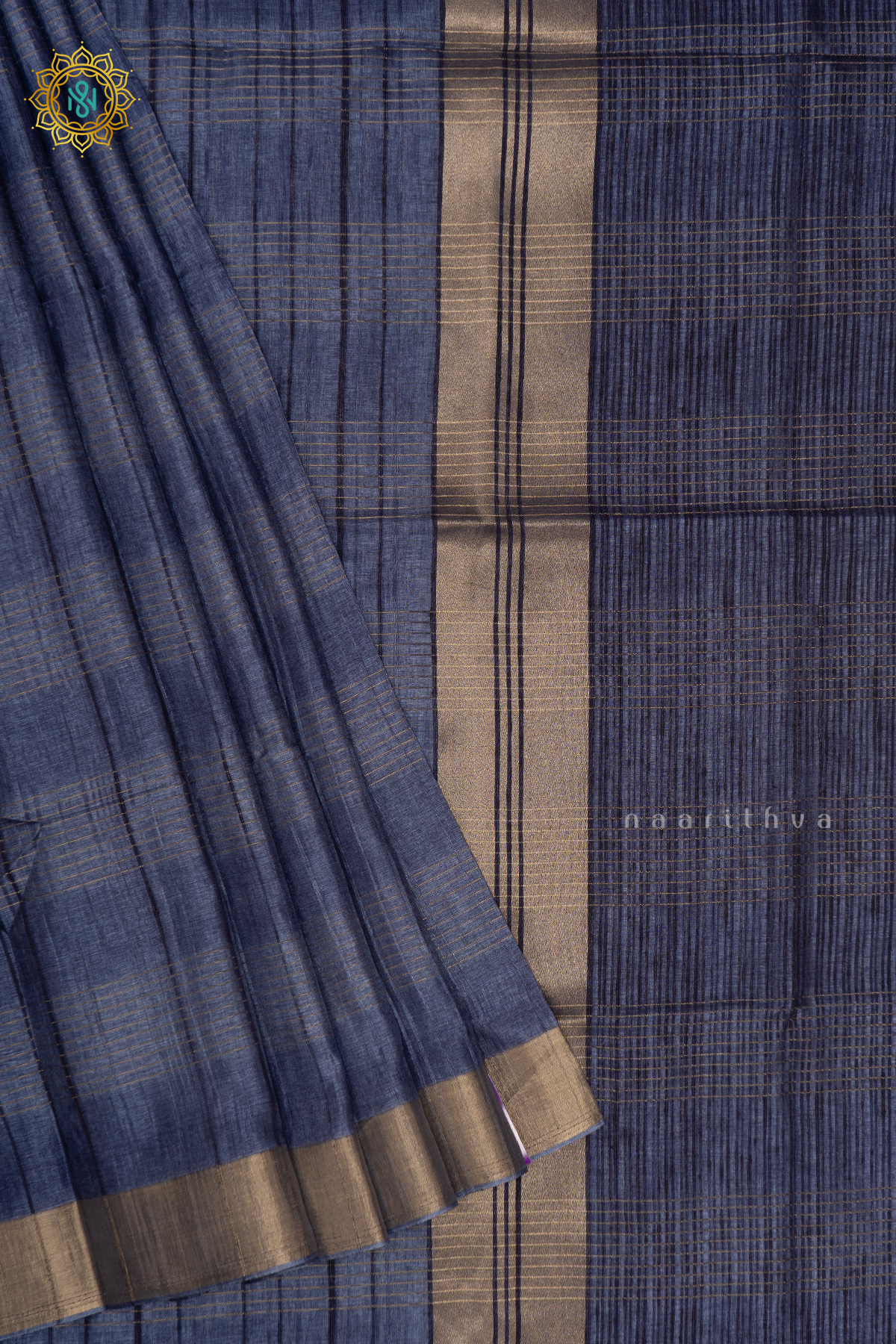 Navy Blue Semi Tussar Silk Saree With Zari Stripes On The Body And Zari Border
