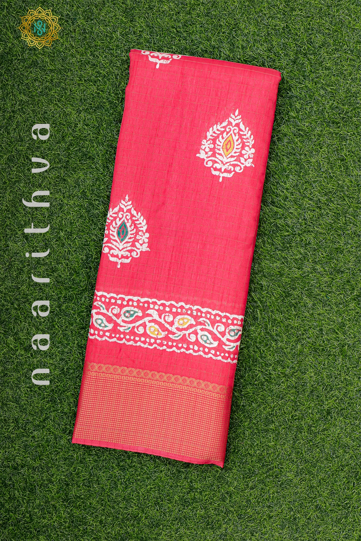 Pinkish Red Dola Silk Saree With Printed Body And Tissue Border