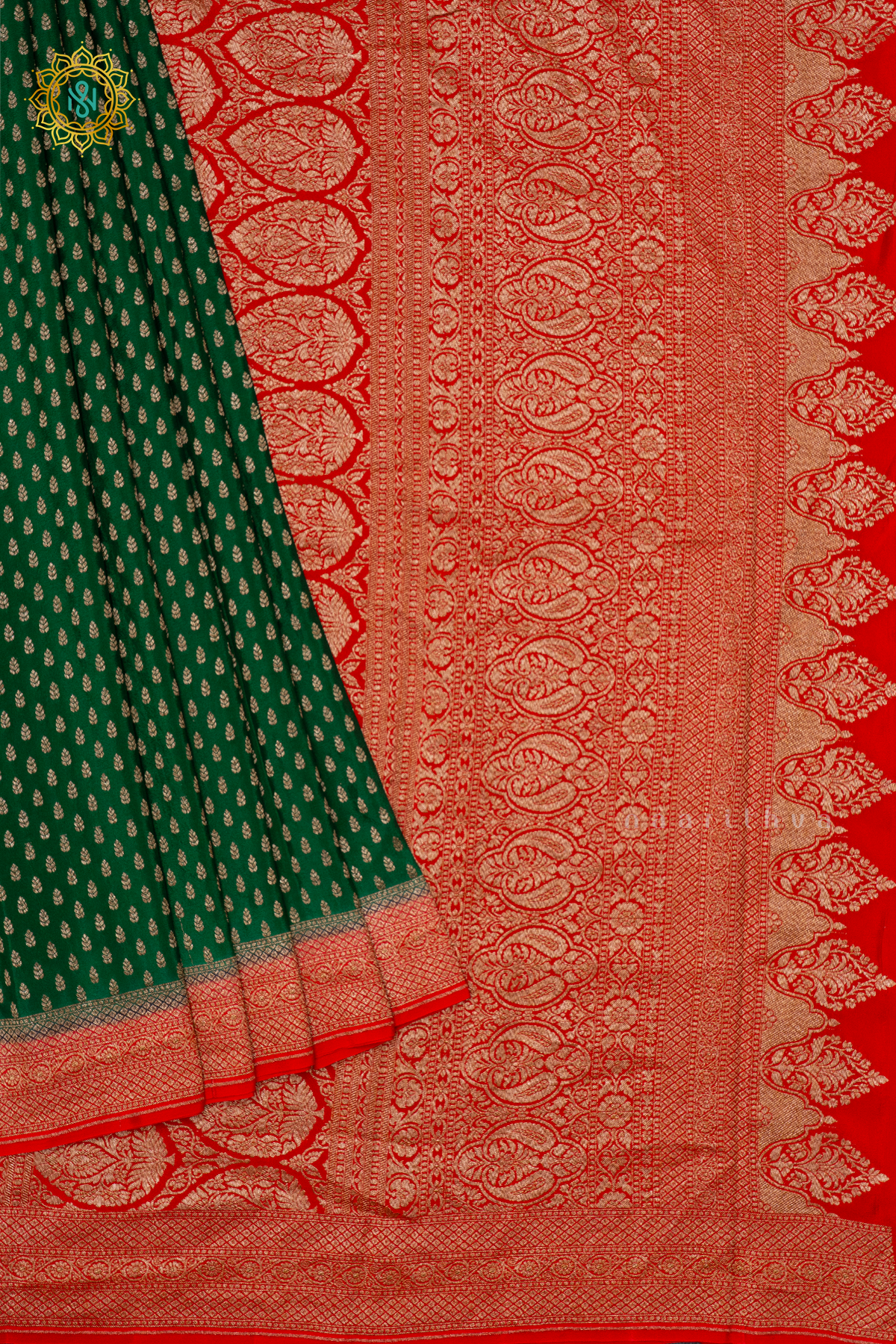 GREEN WITH RED - PURE BANARASI CREPE SILK