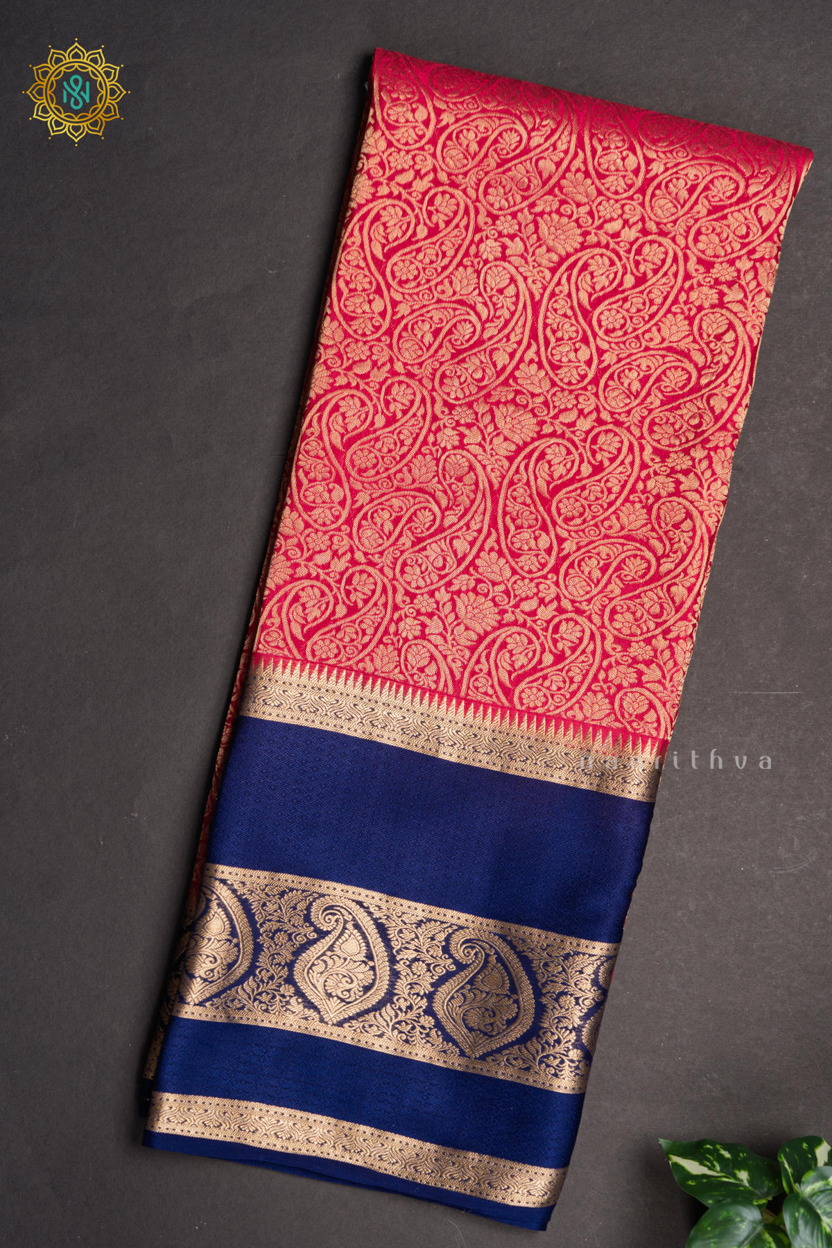 PEACHISH RED WIT BLUE - PURE MYSORE CREPE SILK