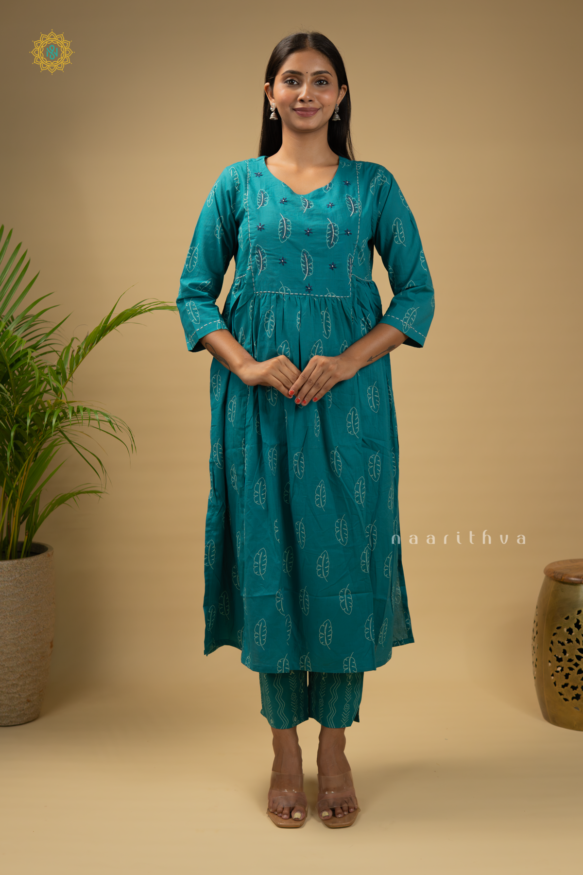 AQUA GREEN - COTTON 2PC SALWAR SUIT WITH PRINTED TOP & BOTTOM