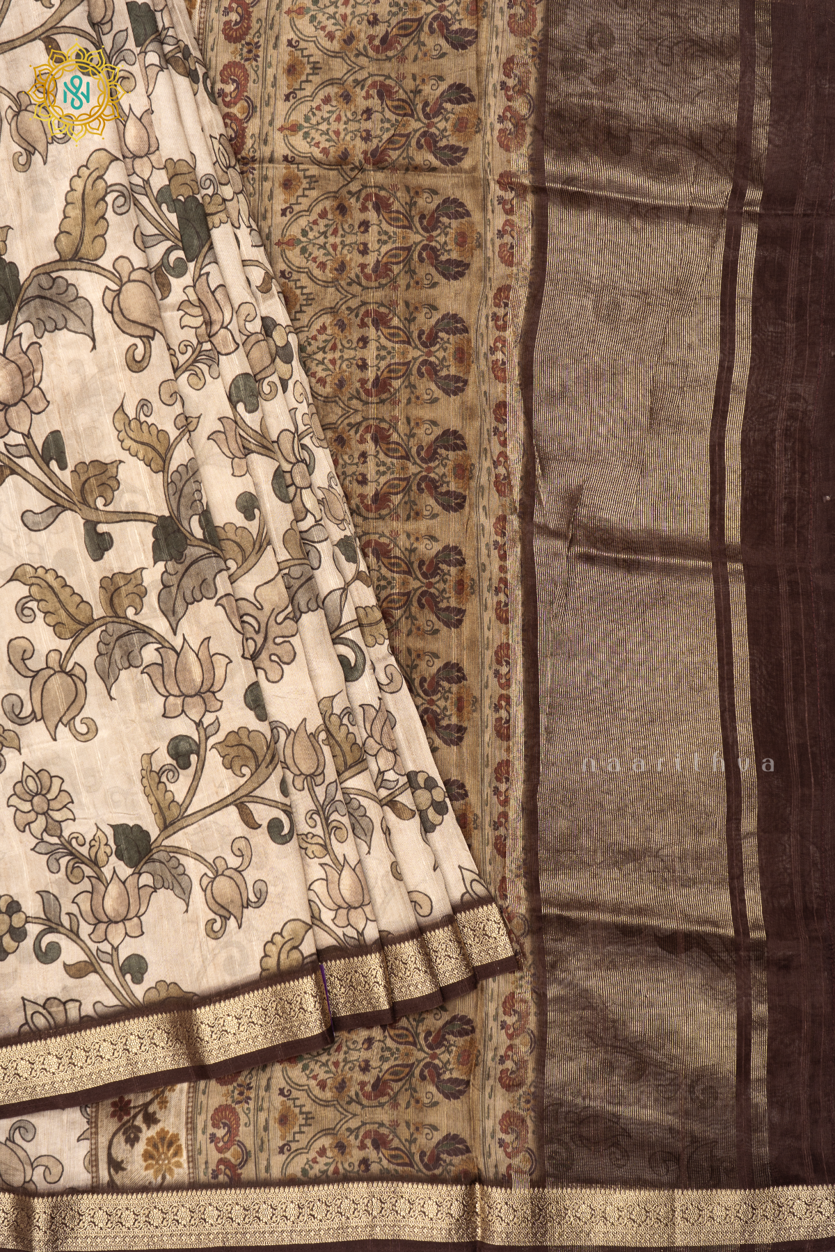 OFF WHITE WITH BROWN - SEMI CREPE SILK