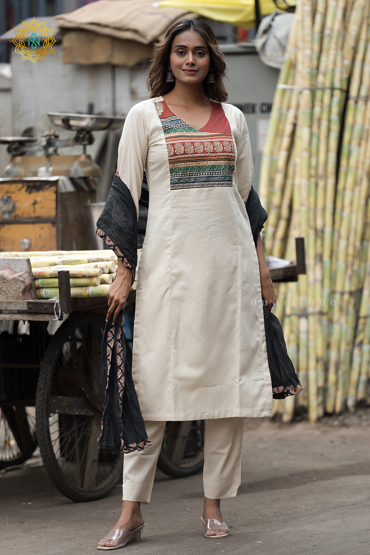OFF WHITE WITH BLACK - COTTON 3PC SALWAR SUIT WITH TOP, BOTTOM & DUPATTA