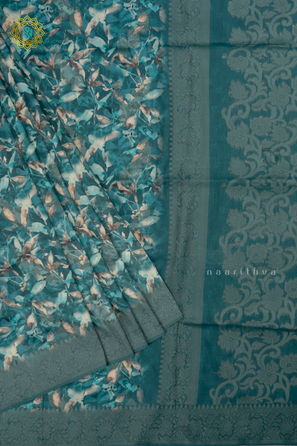 Blue Semi Crepe Silk Saree with Printed Body, Zari Border, and Zari Pallu