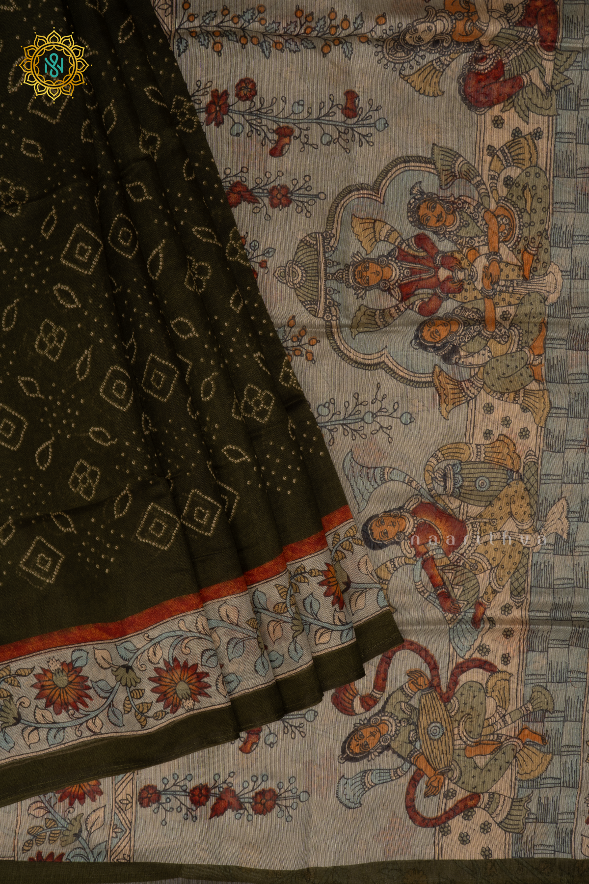 OLIVE GREEN WITH LIGHT BLUE - LINEN BY COTTON SAREE