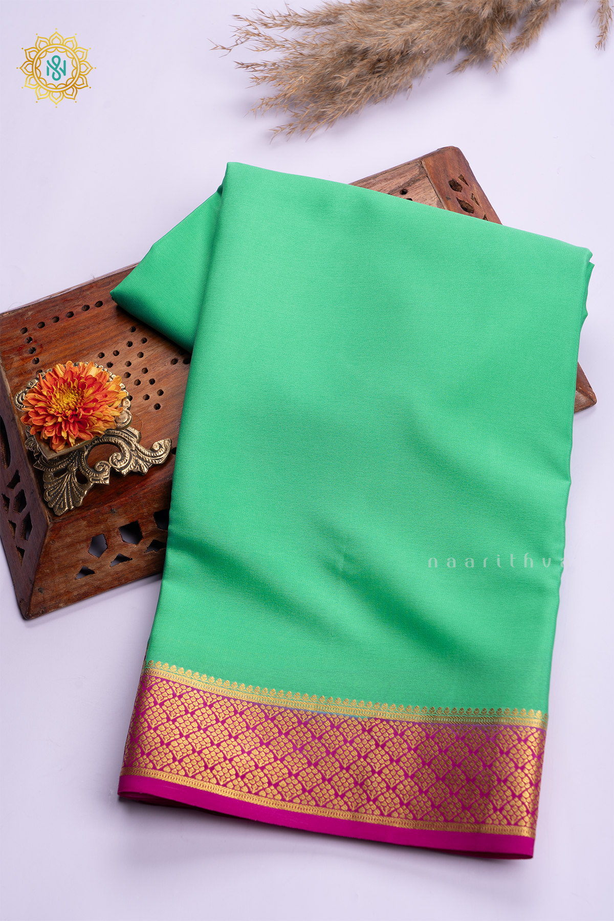 AQUA GREEN WITH PINK - PURE MYSORE CREPE SILK