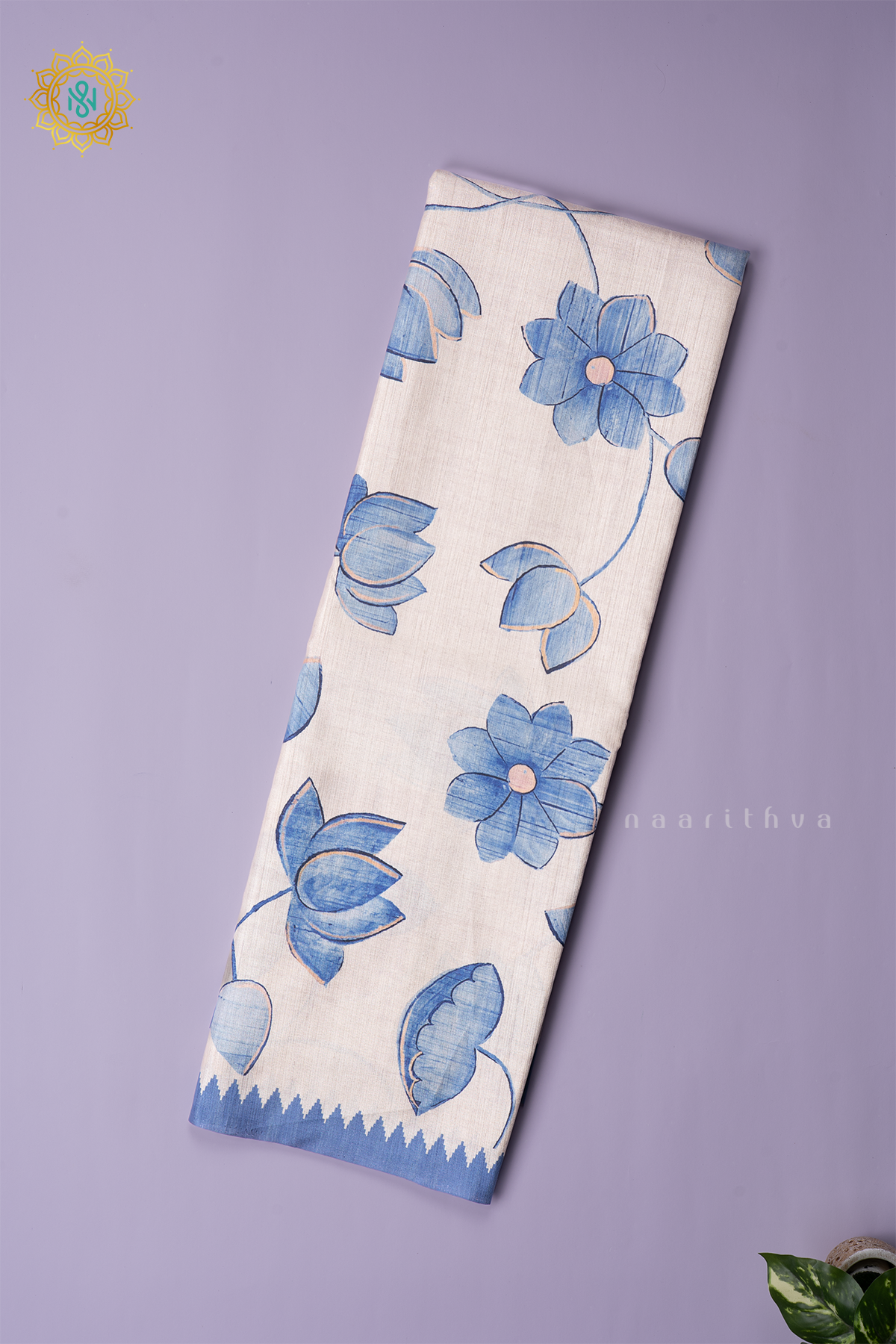 OFF WHITE WITH BLUE - SEMI TUSSAR SILK