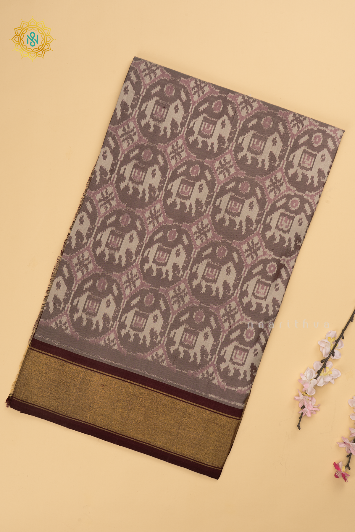 Grey with Deep Wine Ikkat Pure Silk Saree with Patola Printed Body and Zari Border