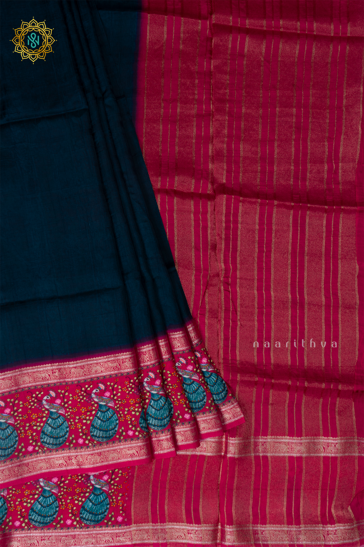 Blue With Pink Printed Semi Crepe Silk With Contrast Border, Pallu