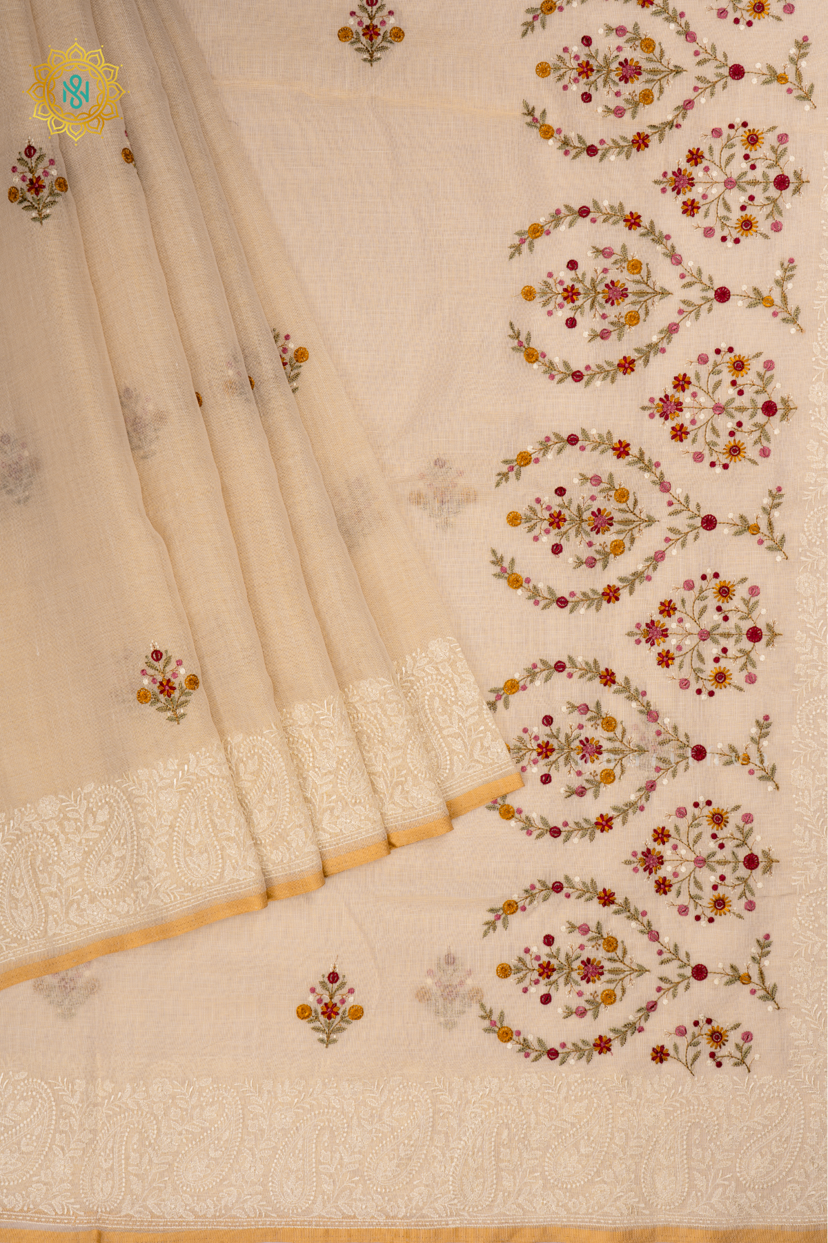 Off White with Maroon Linen Tissue Saree with Allover Thread Work, Border and pallu