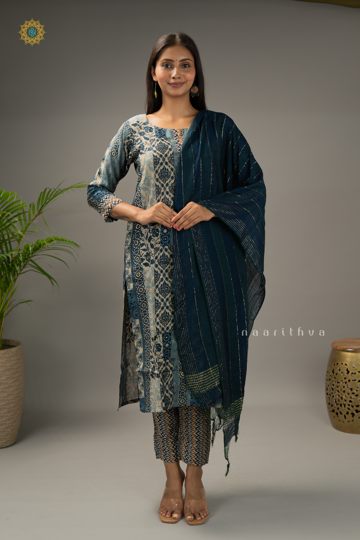 INDIGO - CREPE 3PC SALWAR SUIT WITH PRINTED TOP, BOTTOM & DUPPATA