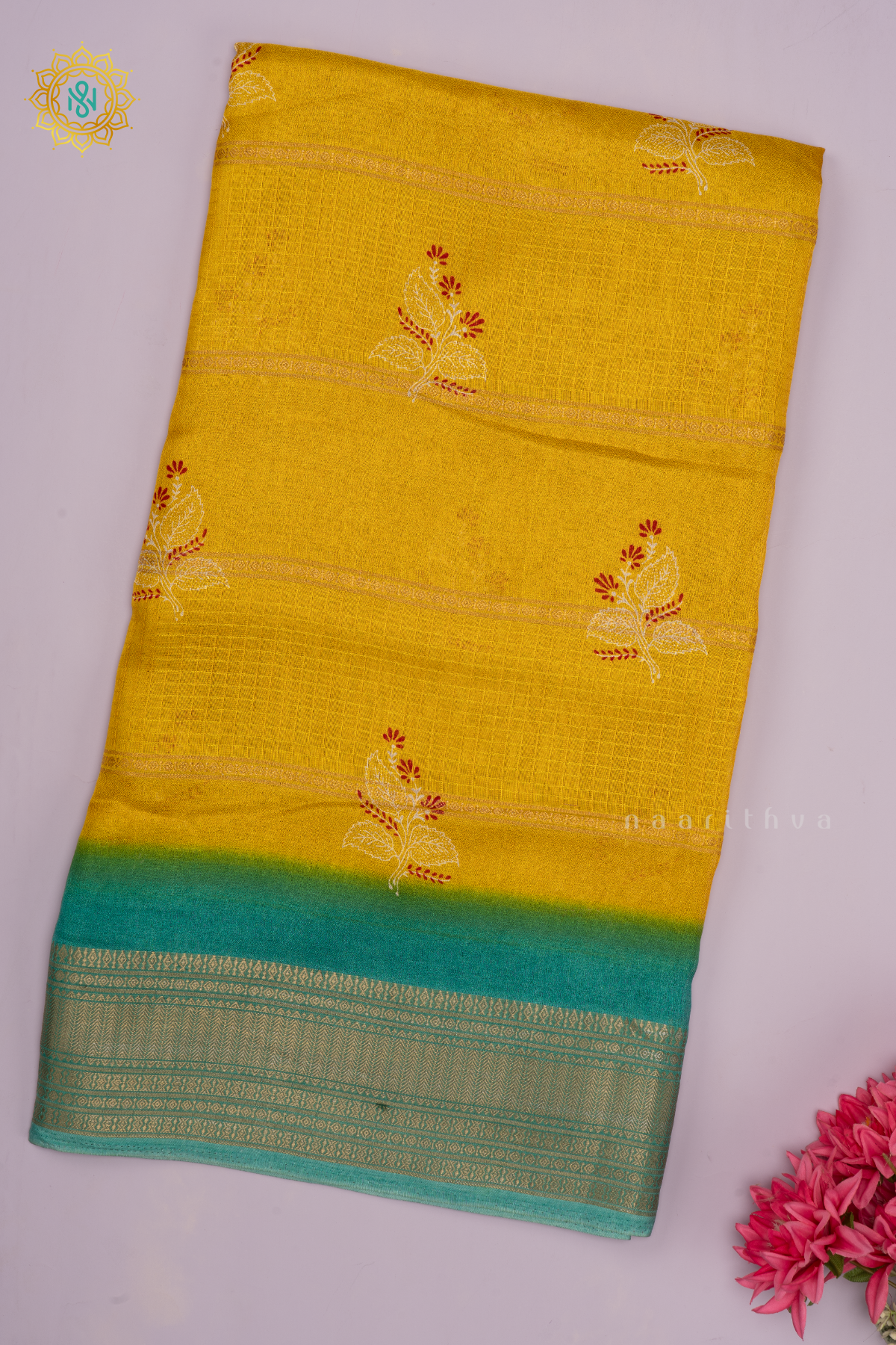 YELLOW WITH AQUA GREEN - SEMI GEORGETTE