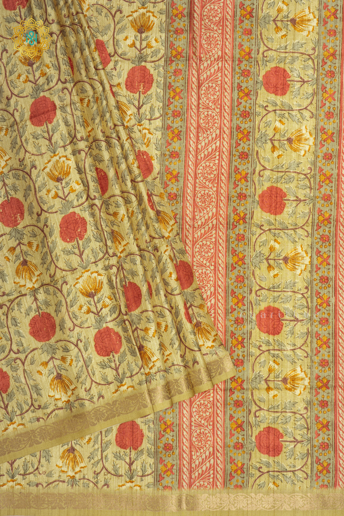 Pista Green Semi Tussar Silk Saree With Printed Body And Zari Border