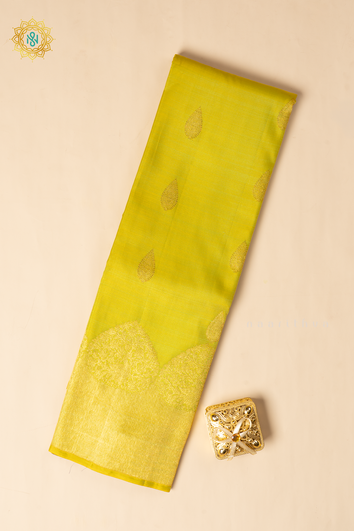 Parrot Green Pure Kanjivaram Silk Saree with Zari Woven Buttas and Zari Woven Border