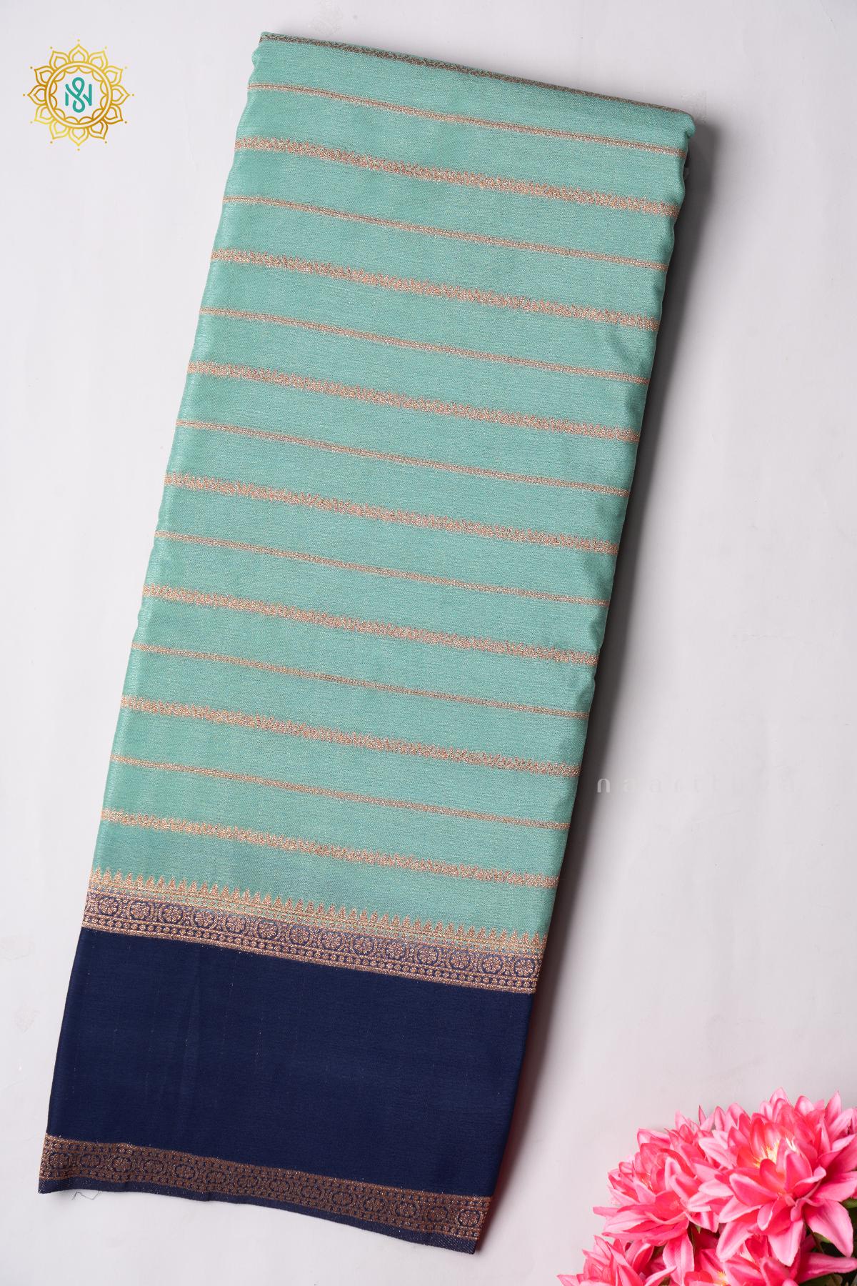 AQUA GREEN WITH NAVY BLUE - SEMI CREPE GEORGETTE