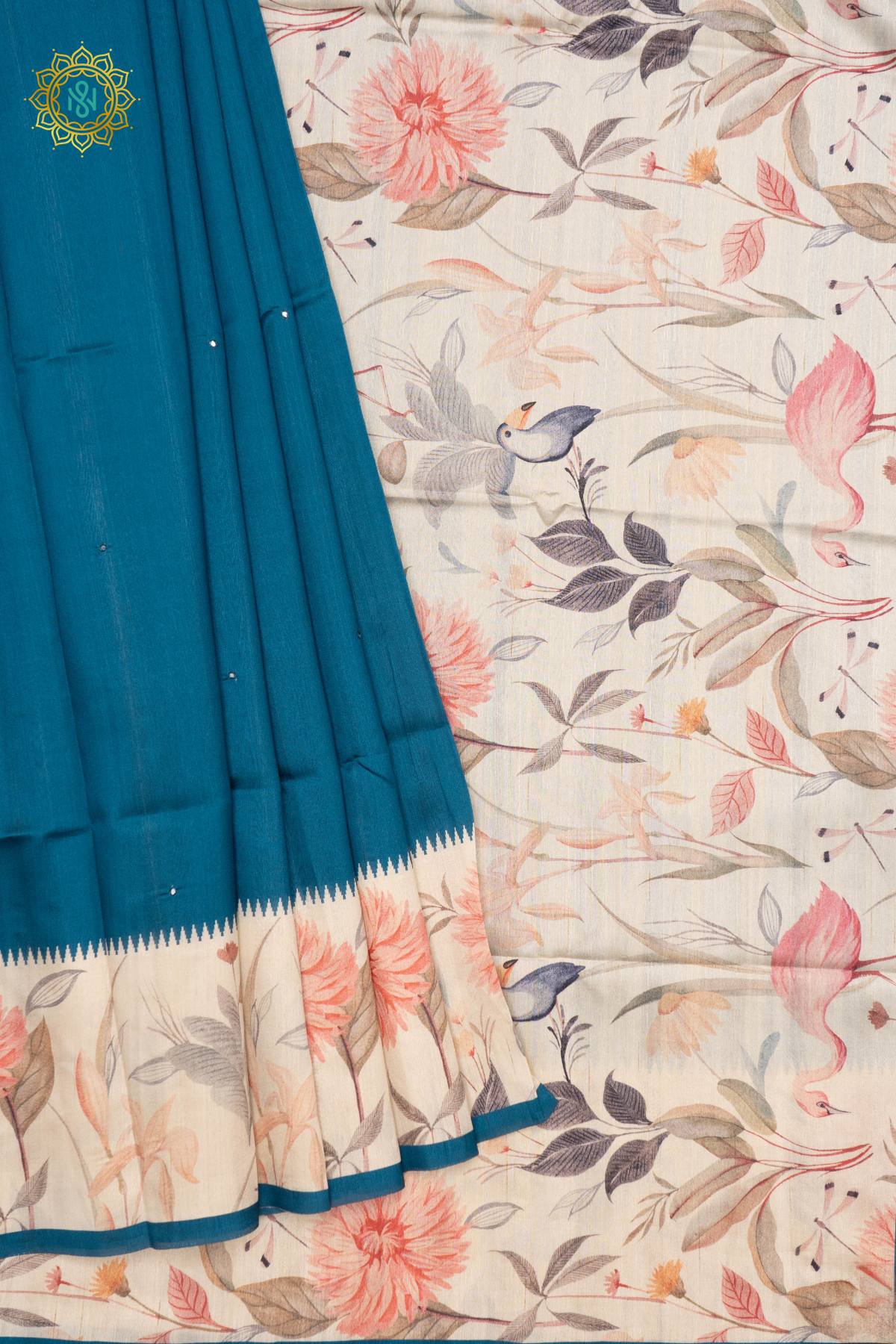 PEACOCK BLUE WITH WHITE - SEMI TUSSAR SILK