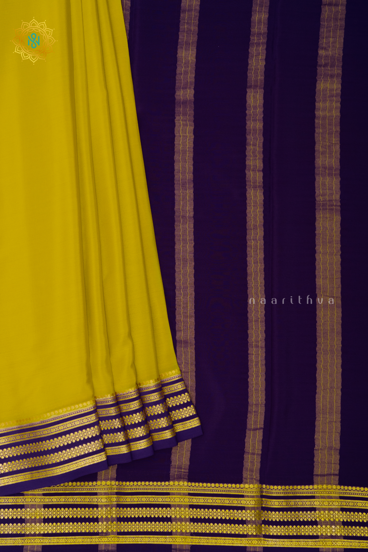 LEMON YELLOW WITH PURPLE - PURE MYSORE CREPE SILK