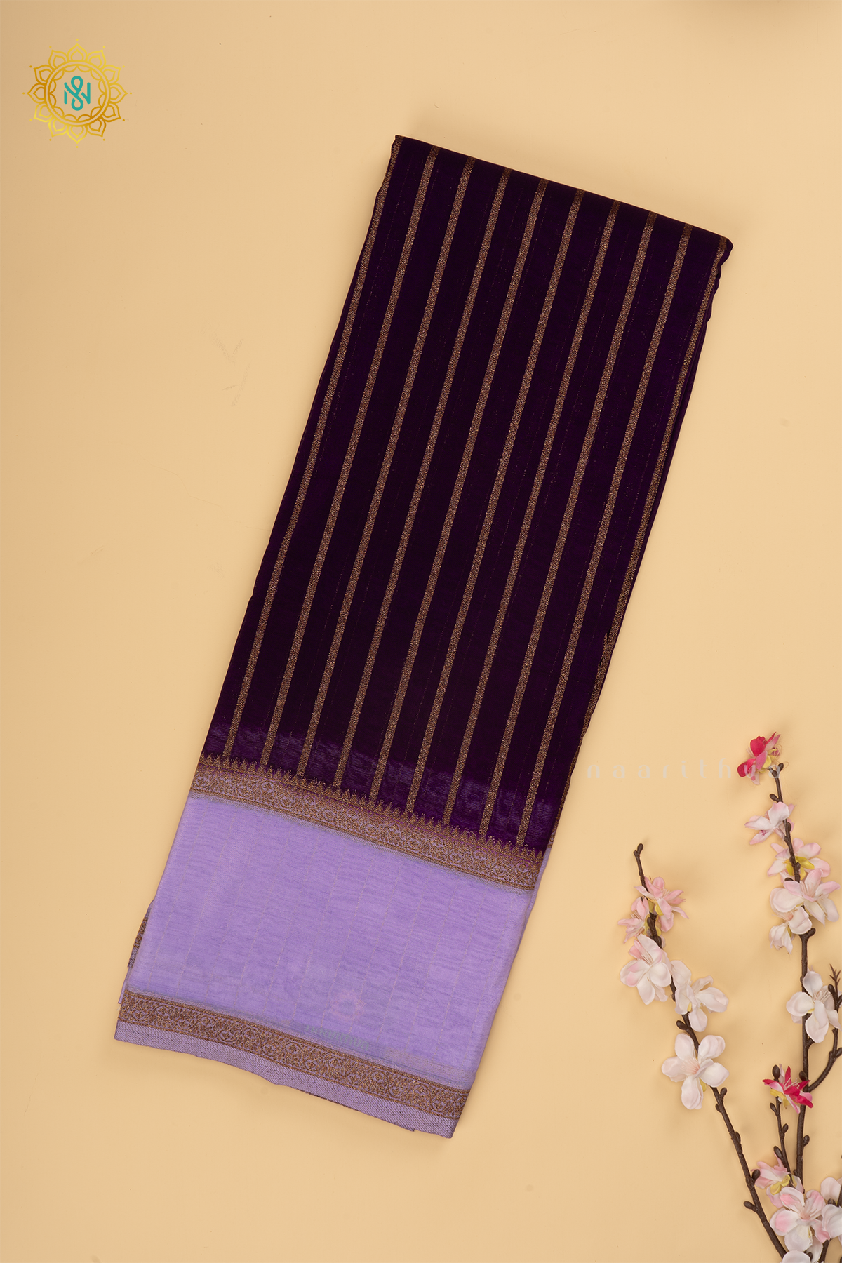 Purple with Lavender Semi Chiffon Georgette Saree with Allover Zari Stripes and Zari Gap Border