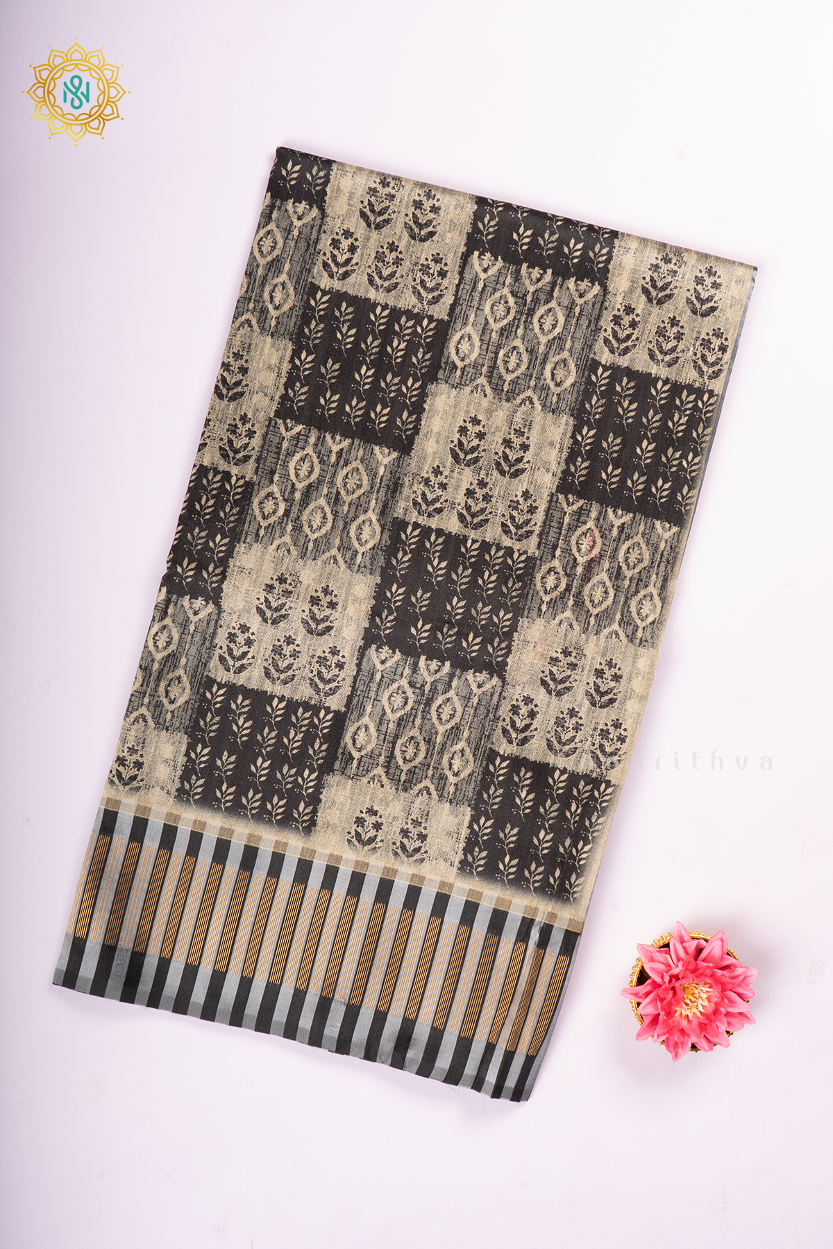 Black Semi Tussar Silk With Printed Body With Zari Border & Pallu