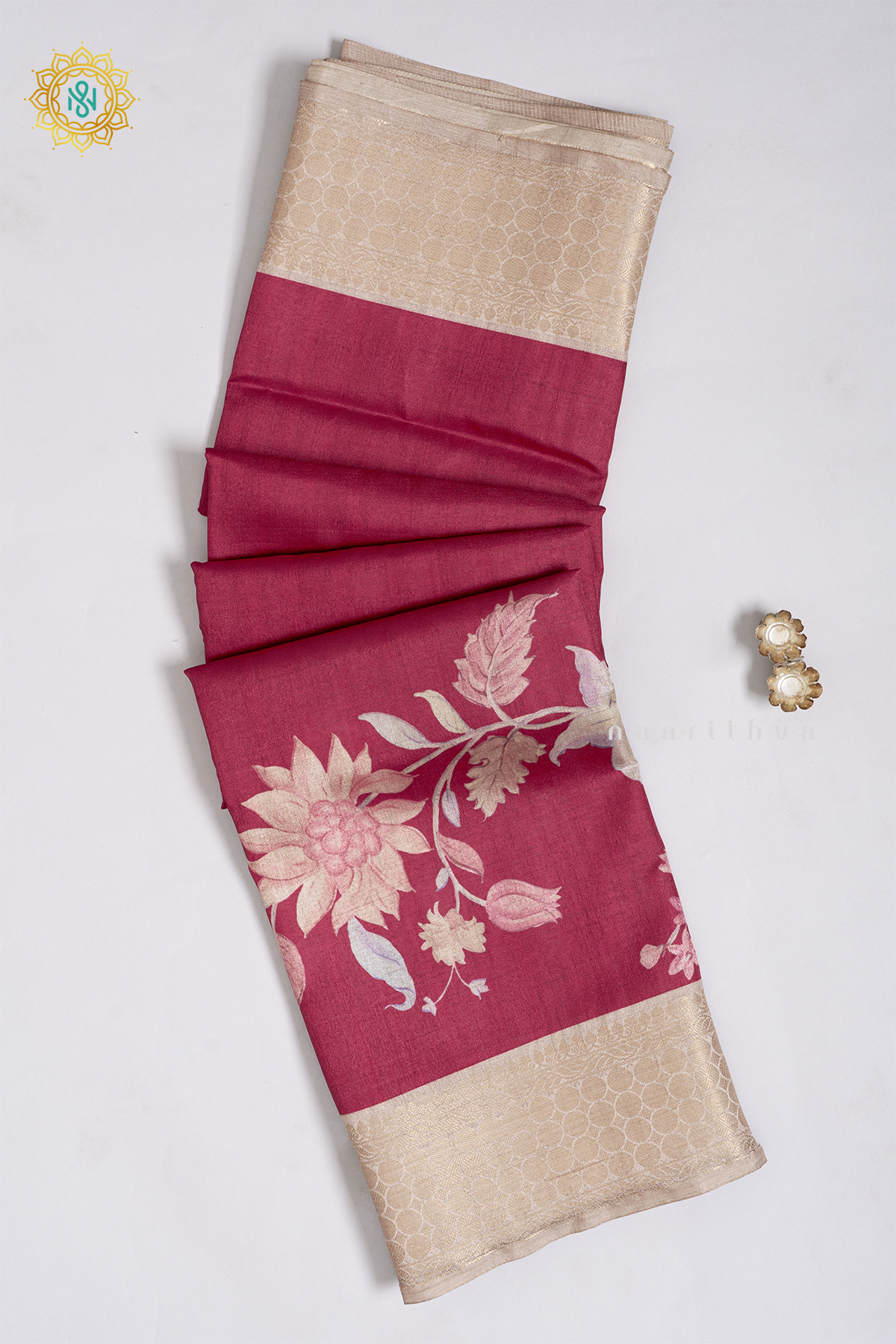 RED WITH OFF WHITE - SEMI TUSSAR SILK