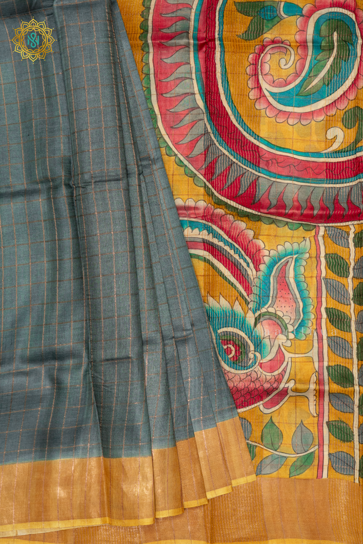 GREY WITH MUSTARD - PURE TUSSAR SILK