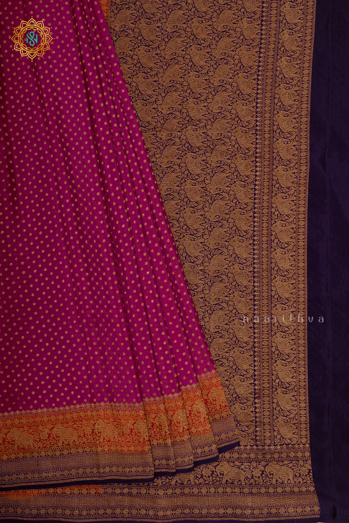 PINK WITH ORANGE & DEEP WINE - PURE BANARASI CREPE SILK