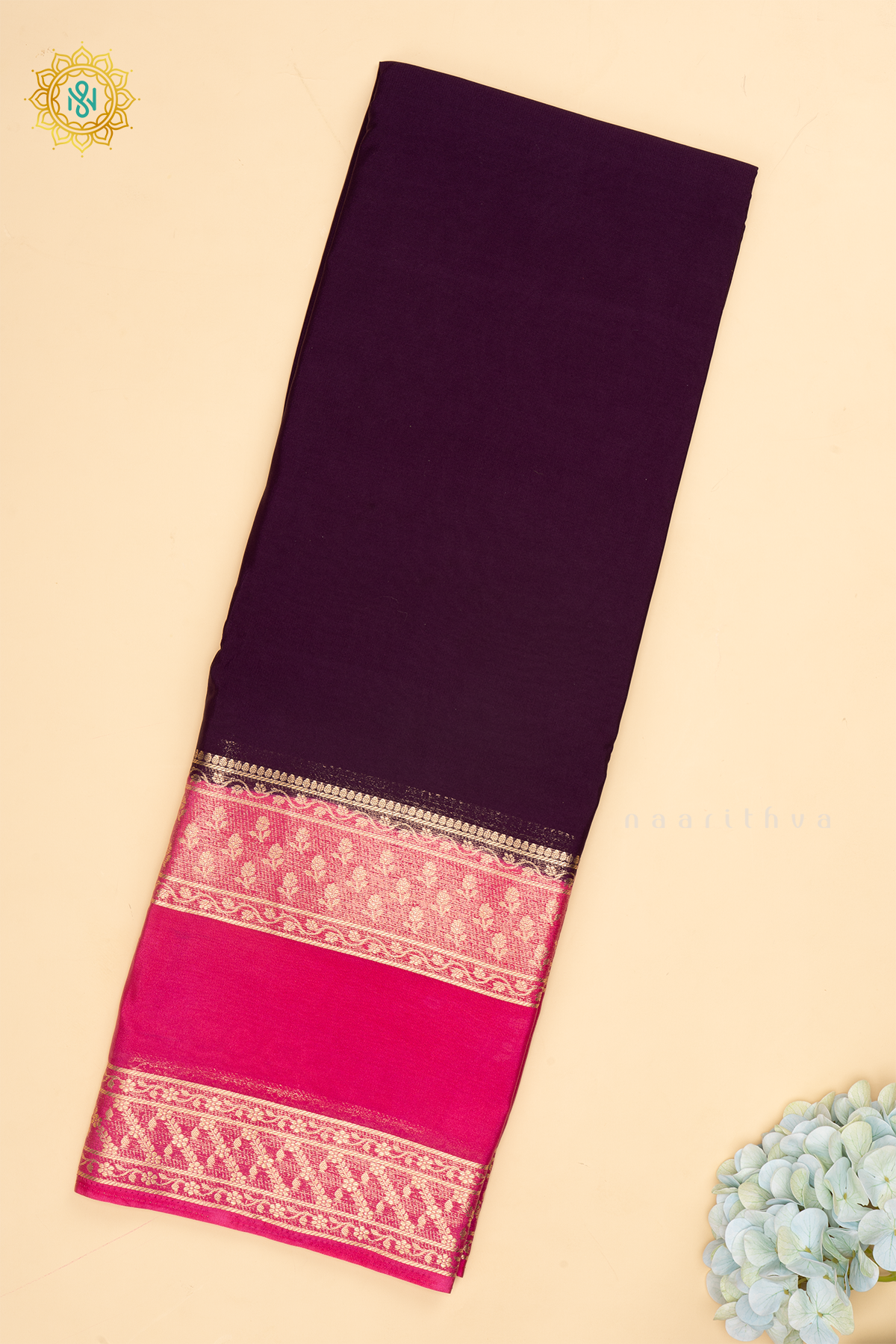 Purple with Pink Semi Mysore Crepe Silk Saree Allover Plain Body with Contrast Zari Border, Pallu and Blouse