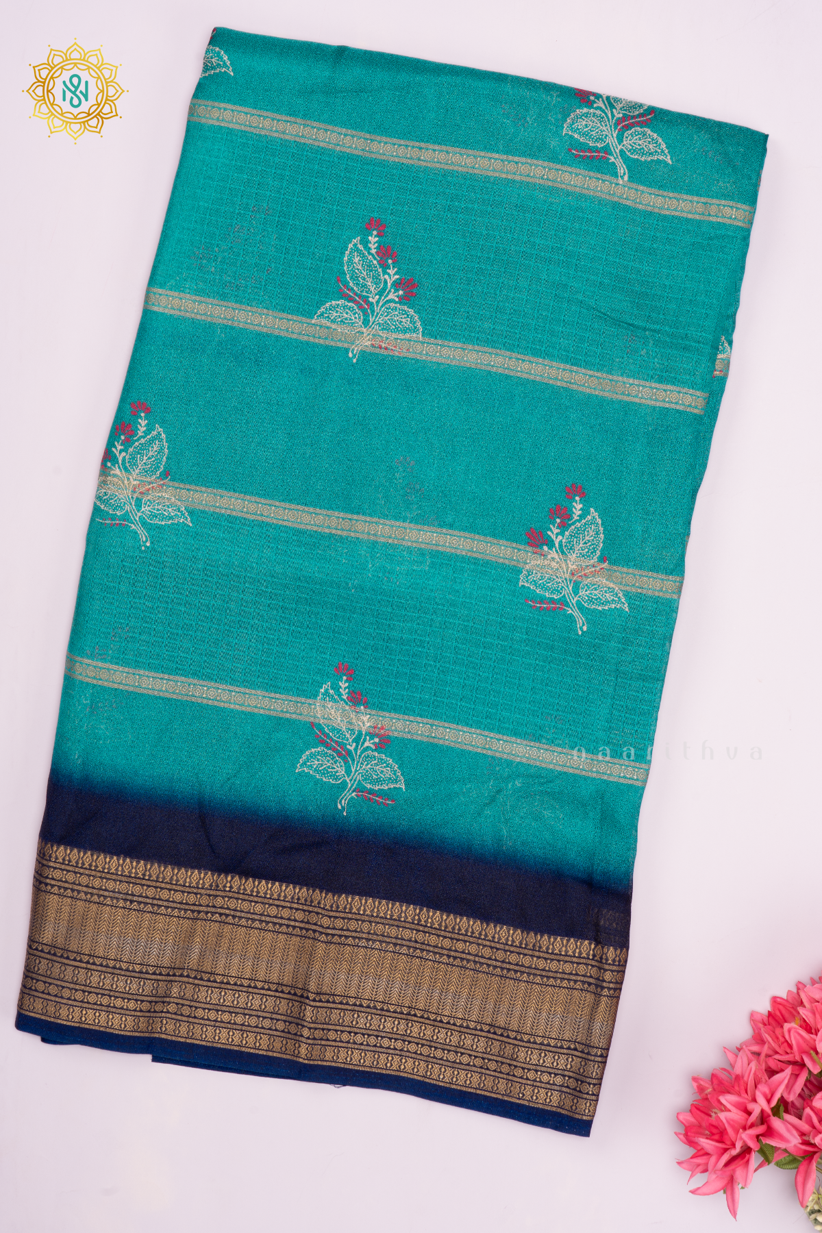 AQUA GREEN WITH NAVY BLUE - SEMI GEORGETTE