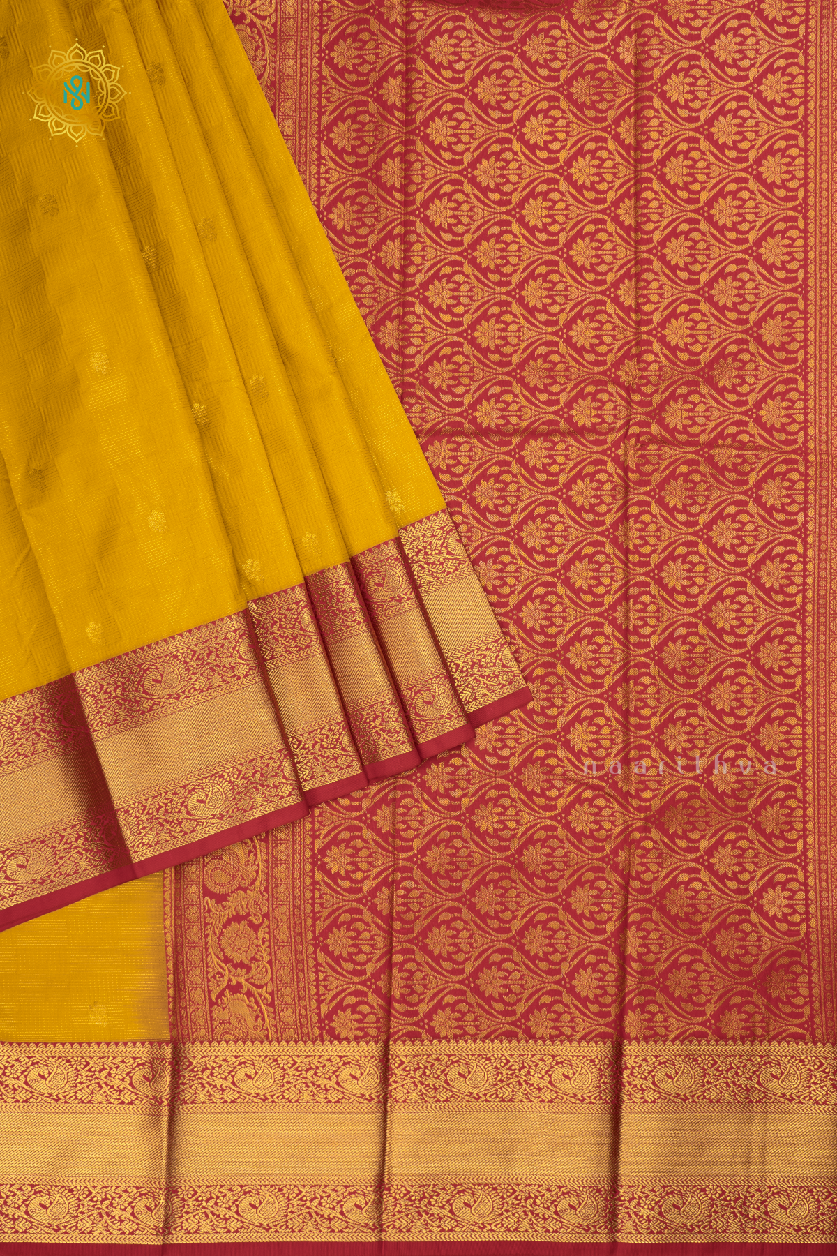 Yellow with Rani Pink Semi Kanchi Saree With Zari Buttas All Over And Contrast Zari Border