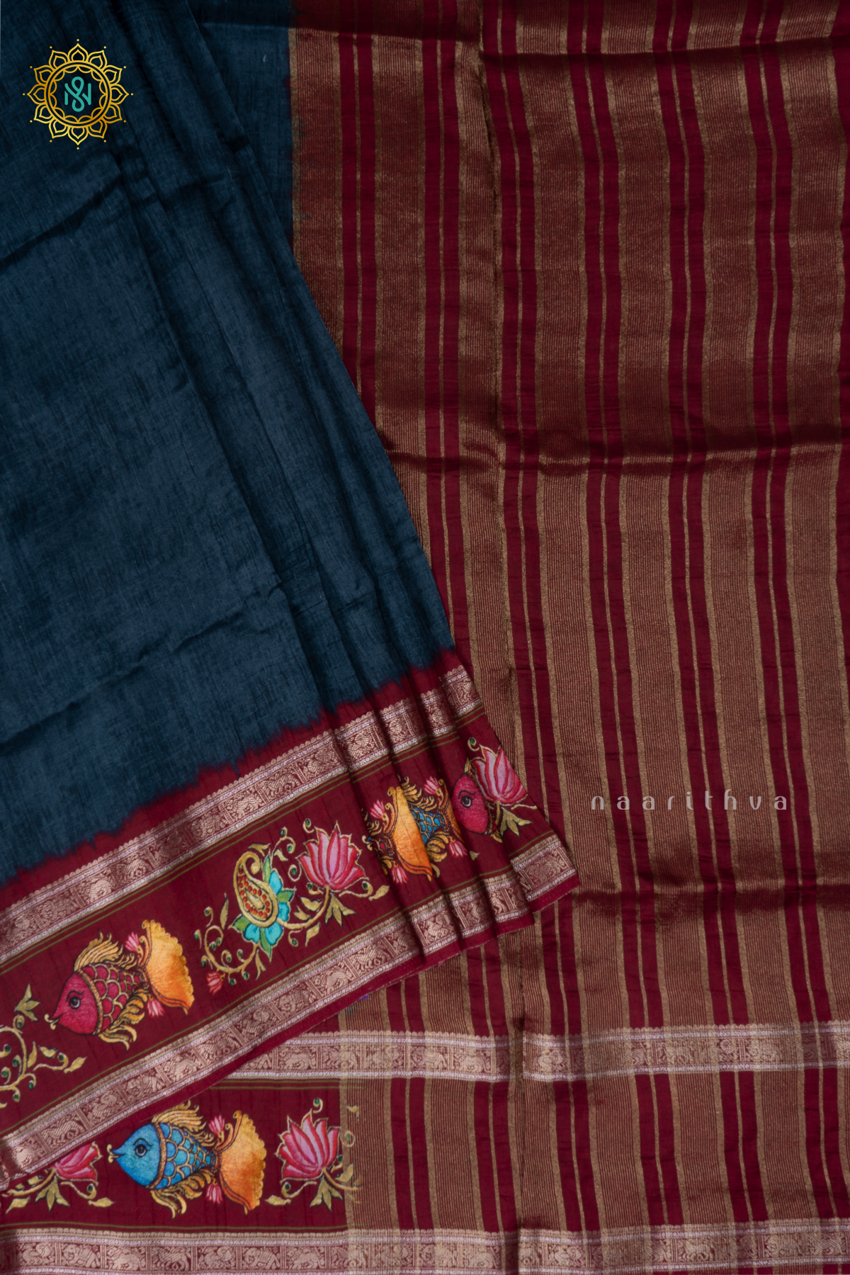 Blue With Maroon Printed Semi Crepe Silk With Contrast Border, Pallu