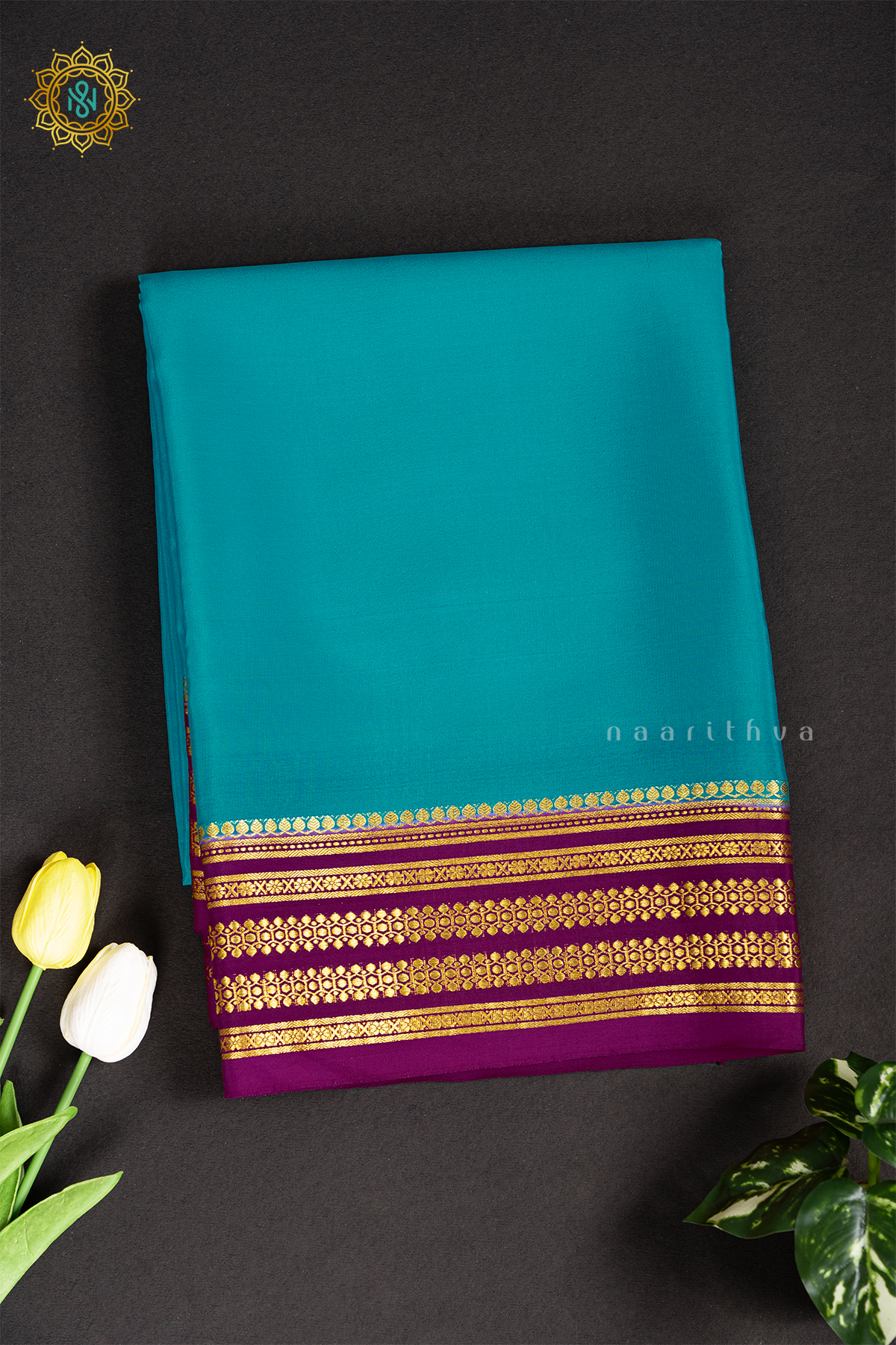 AQUA BLUE WITH PINK - PURE MYSORE CREPE SILK