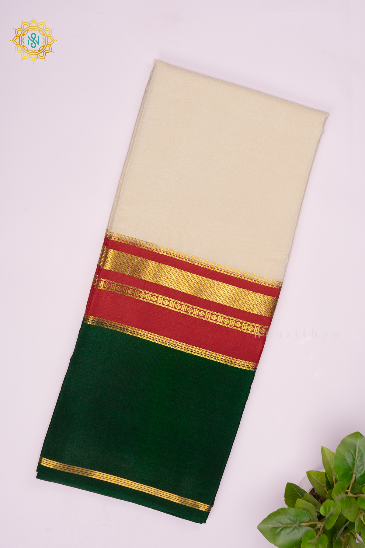WHITE WITH RED AND GREEN - PURE MYSORE CREPE SILK