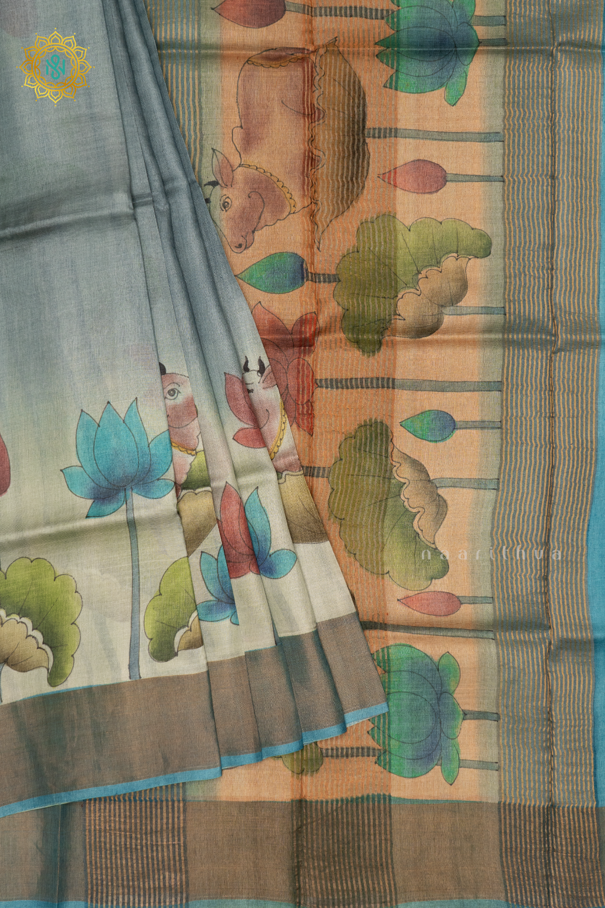 AQUA BLUE WITH SKY BLUE - PURE TUSSAR SILK