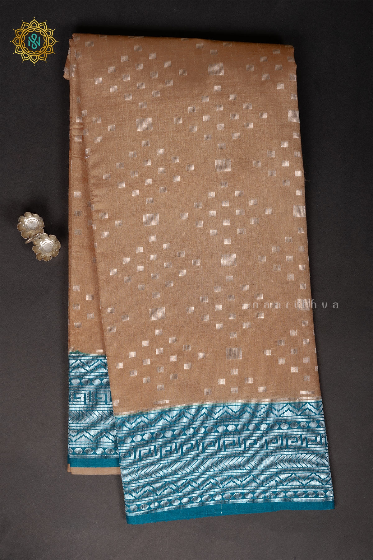 BEIGE WITH CYAN GREEN - JUTE COTTON