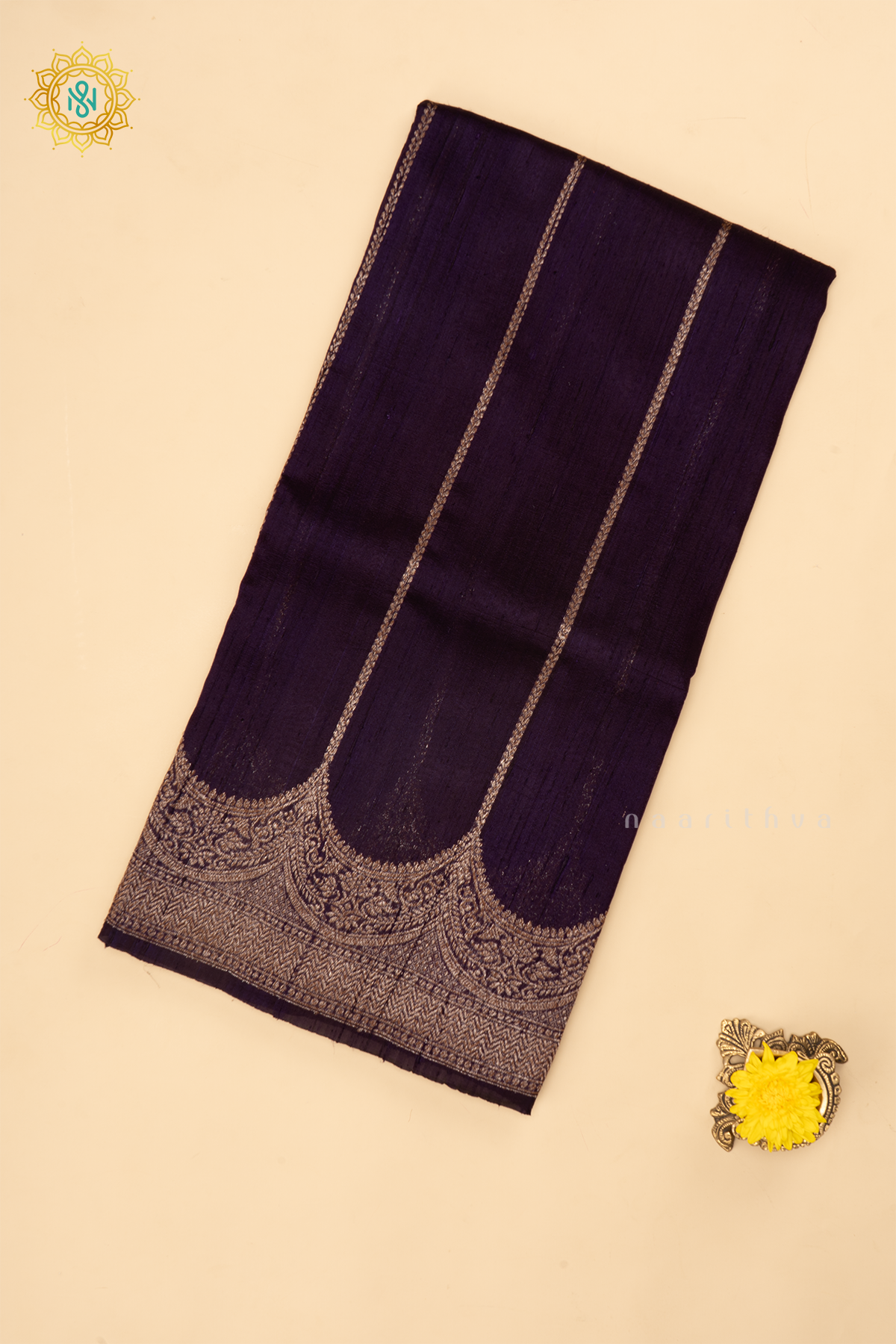 DEEP PURPLE - PURE BANARASI RAW SILK SAREE WITH ALLOVER ZARI STRIPES AND SCALLOP BORDER