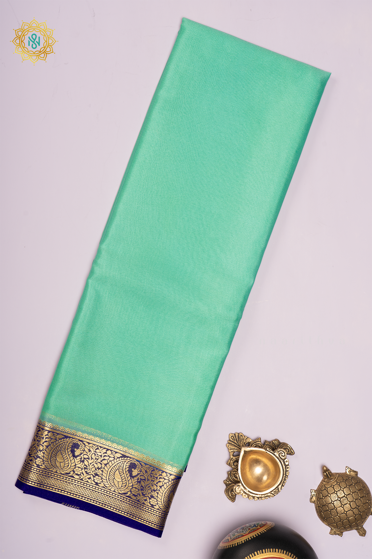 AQUA BLUE WITH ROYAL BLUE - PURE MYSORE CREPE SILK