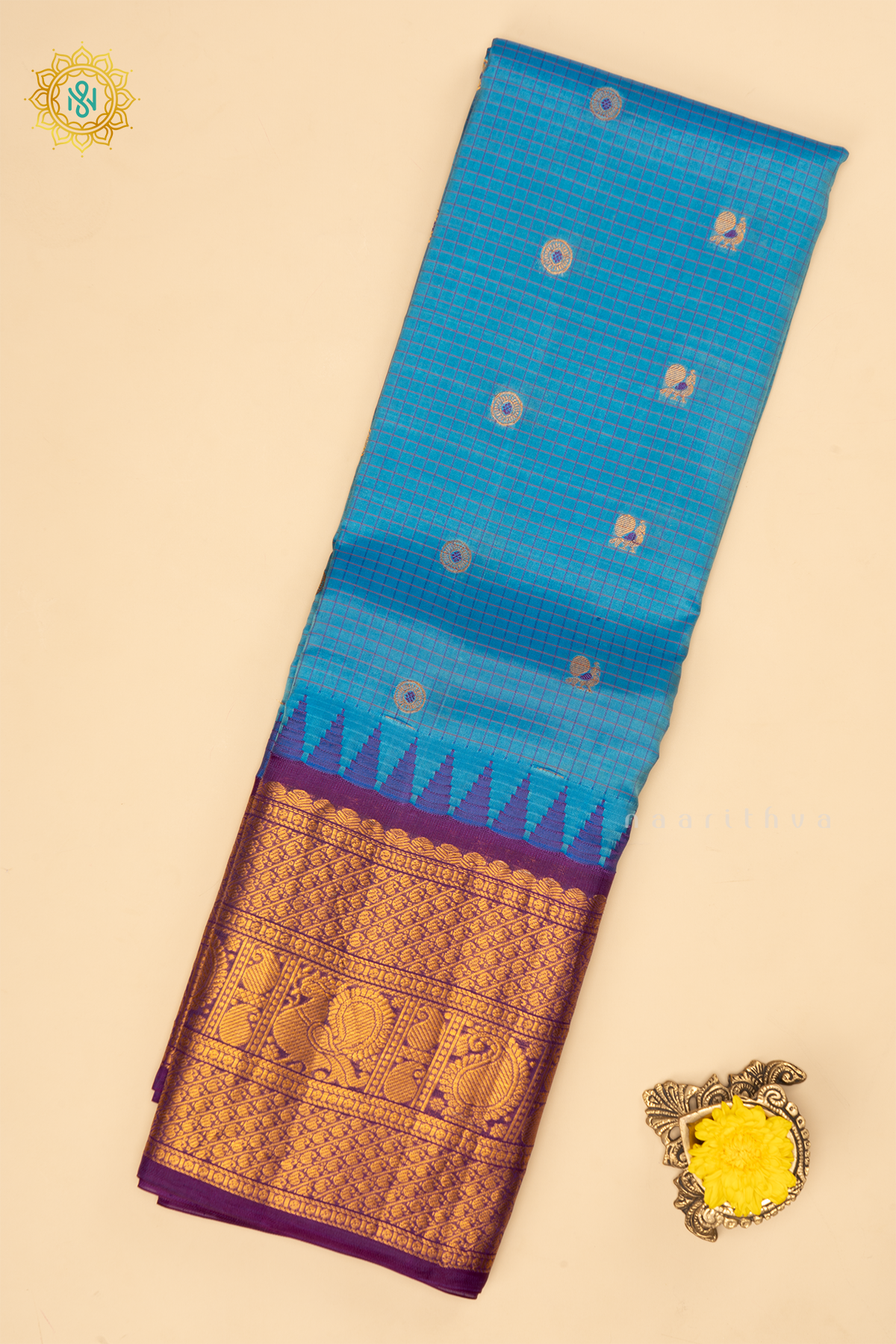 Blue With Purple Pure Gadwal Silk Saree With Zari Woven Buttas And Contrast Zari Border
