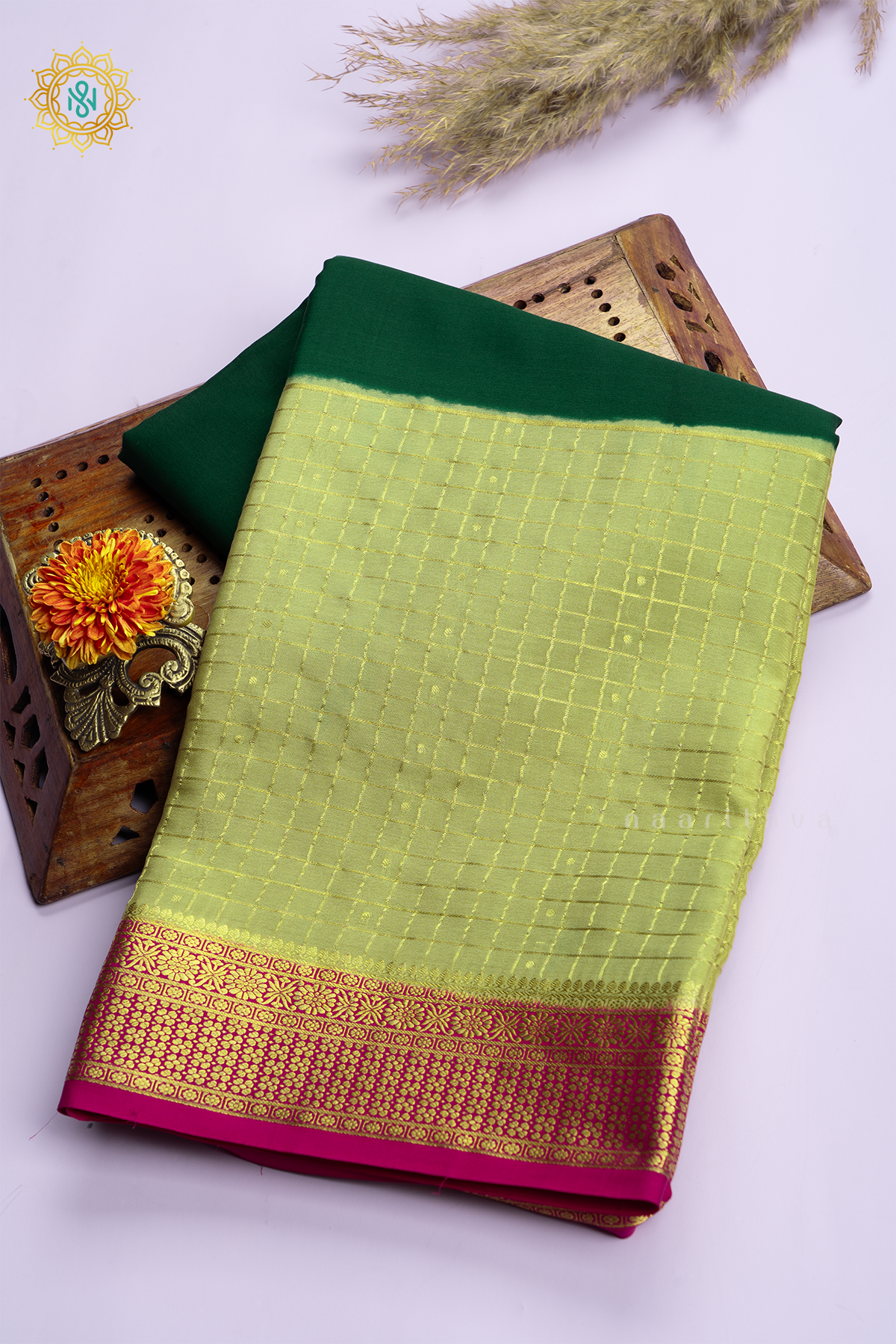 BOTTLE GREEN WITH LIGHT GREEN & PINK - PURE MYSORE CREPE SILK