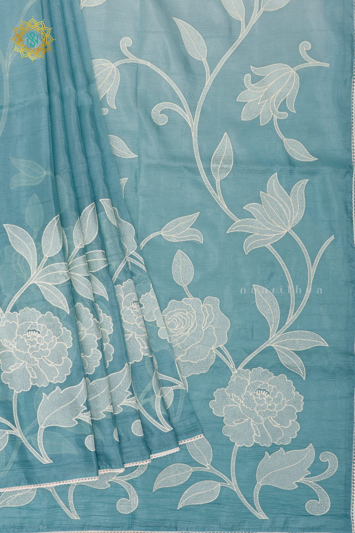 AQUA BLUE - CRUSH TISSUE WITH EMBROIDERY