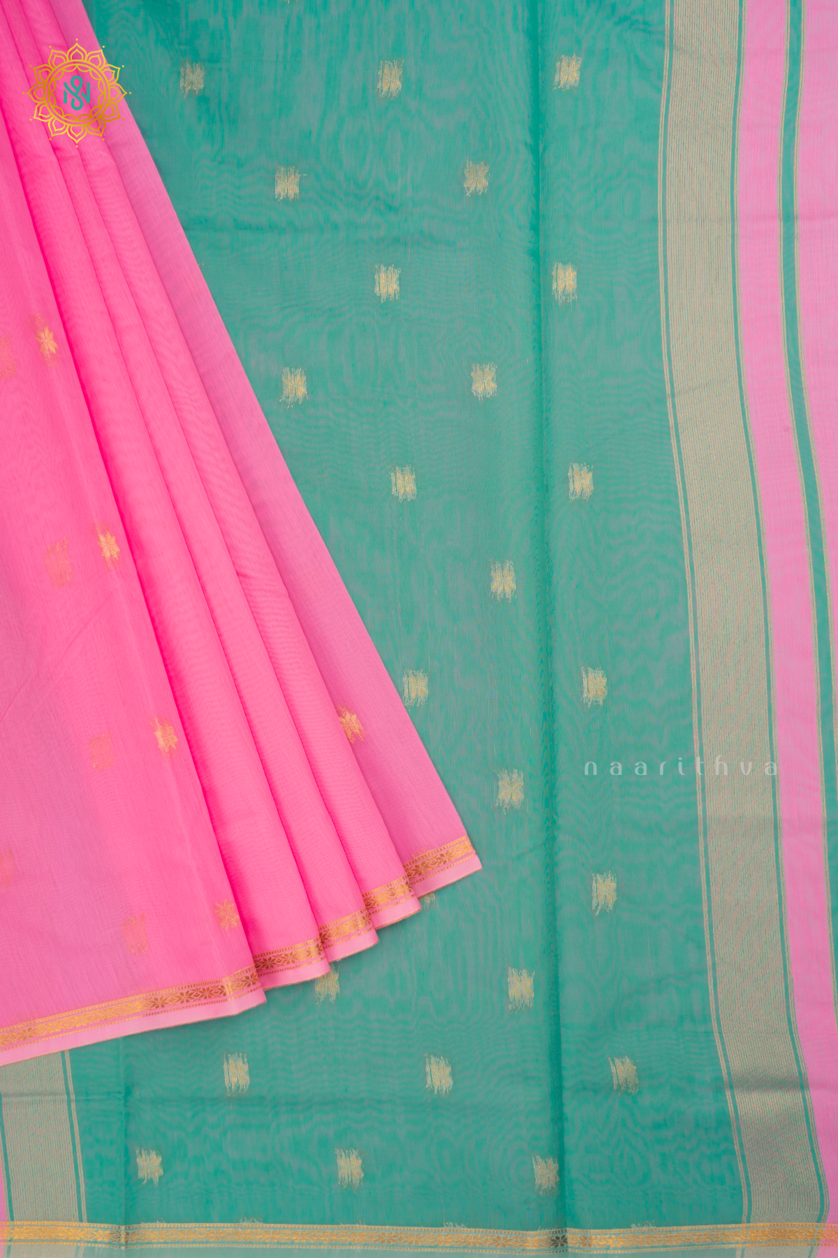 Pink With Aqua Green Silk Cotton Saree With Zari Woven Buttas And Contrast Zari Border