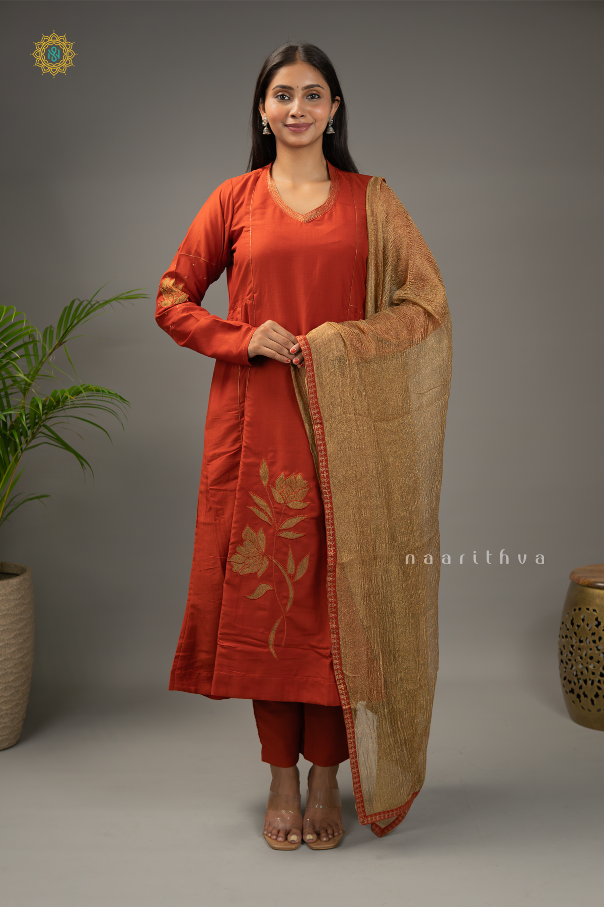 RUST ORANGE WITH GOLD - SILK 3PC SALWAR SUIT WITH TOP, BOTTOM & DUPATTA
