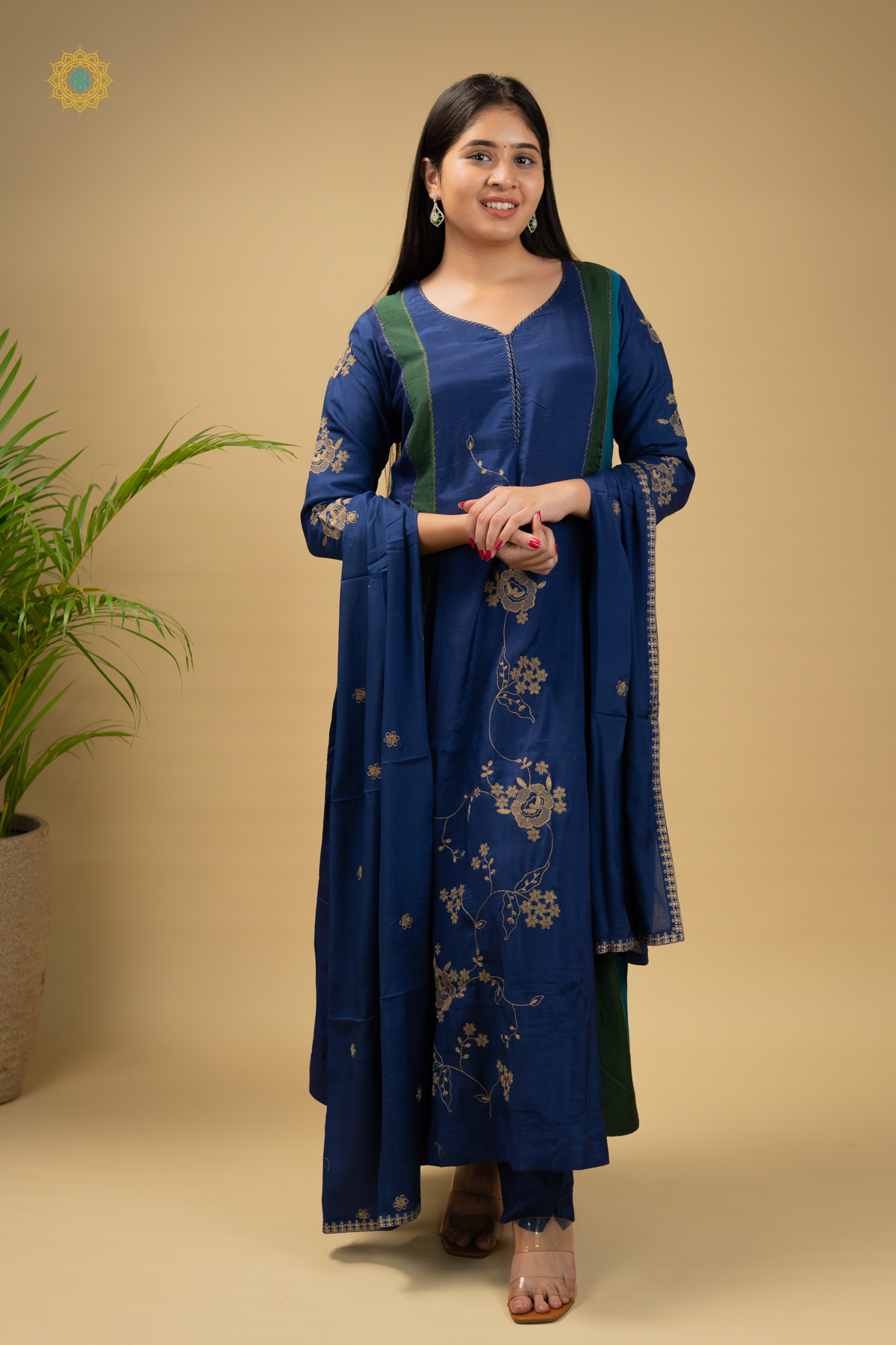 GREEN WITH BLUE - 3PC DOLA SILK SALWAR SUITS WITH TOP, BOTTOM & DUPATTA