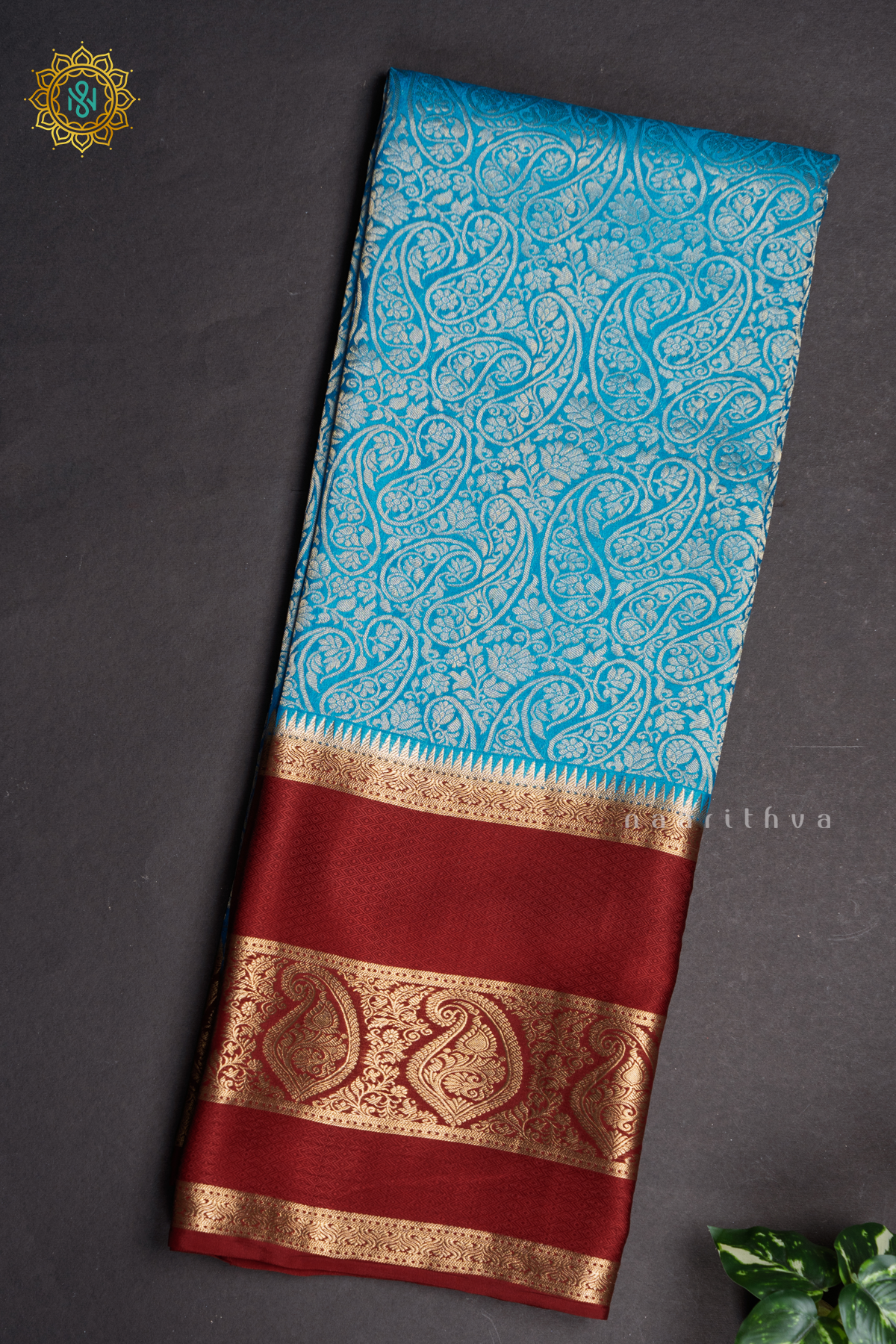 SKY BLUE WITH MAROON - PURE MYSORE CREPE SILK