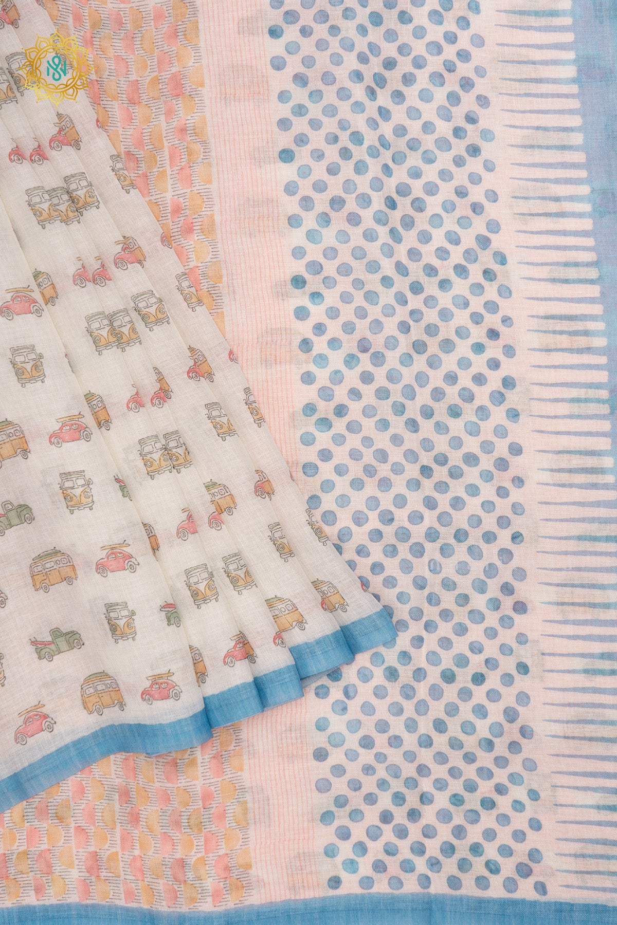 White with Blue Linen Cotton Saree with Allover Pastel Vintage Vehicle Prints and Contrast Border