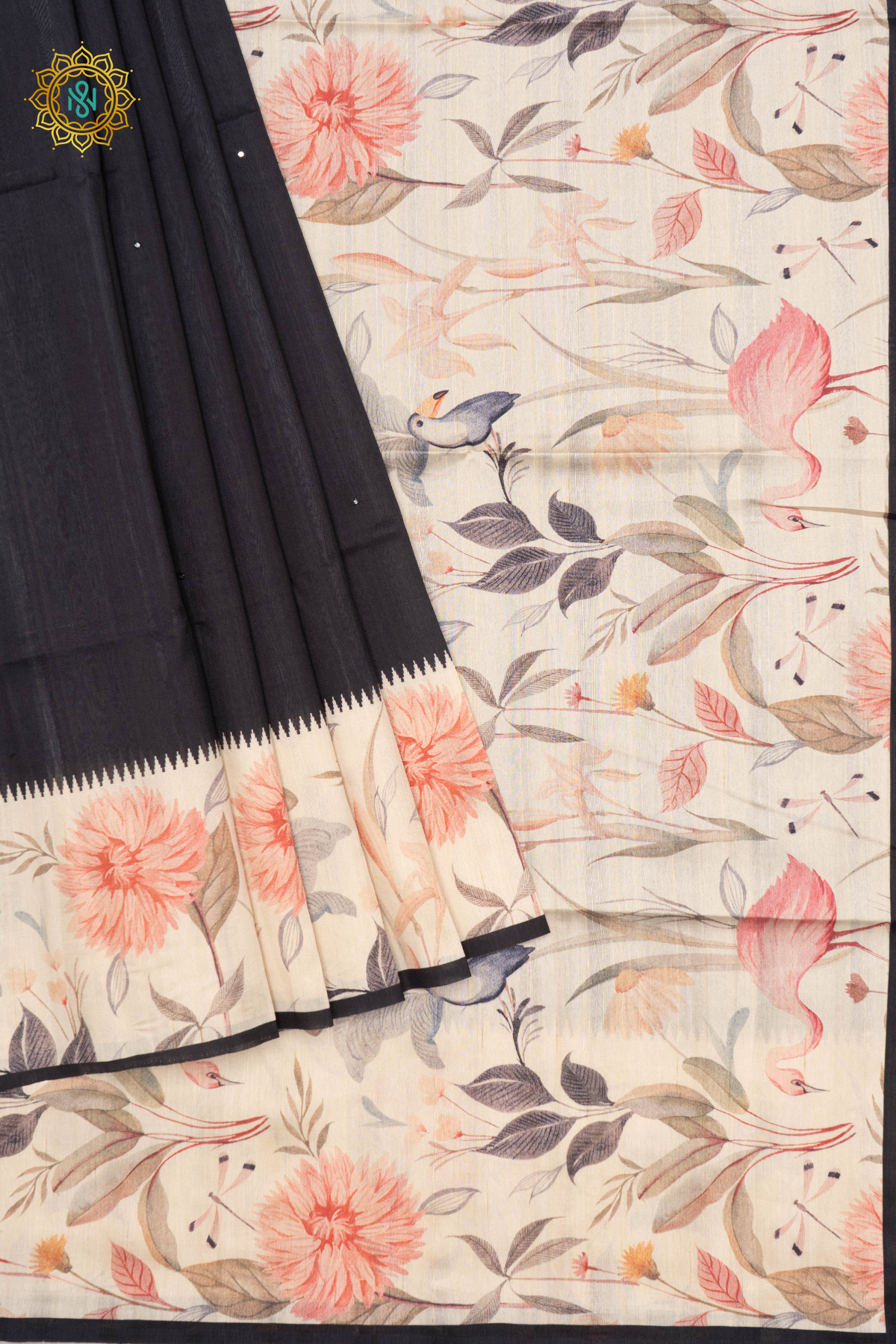 BLACK WITH WHITE - SEMI TUSSAR SILK