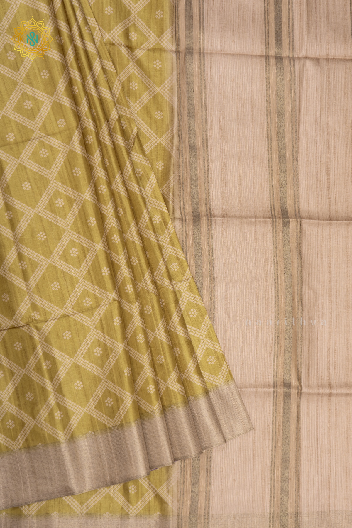 OLIVE GREEN WITH BEIGE - SEMI TUSSAR SILK